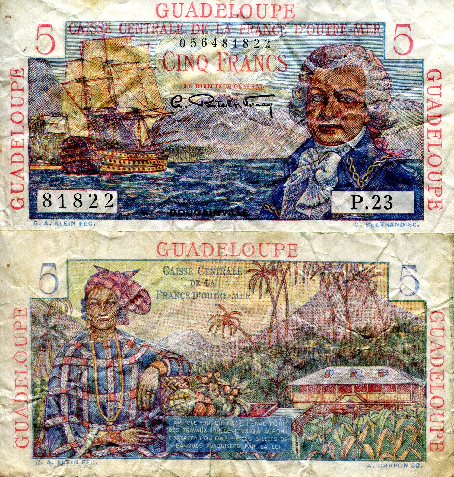Guadeloupe 5 Francs VG/G (see large scan) pick #: 31a