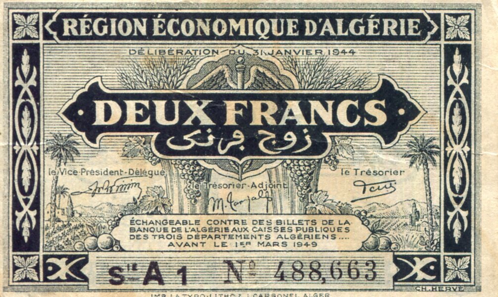 Algeria 2 Francs VG (See large scan) pick #: 99a