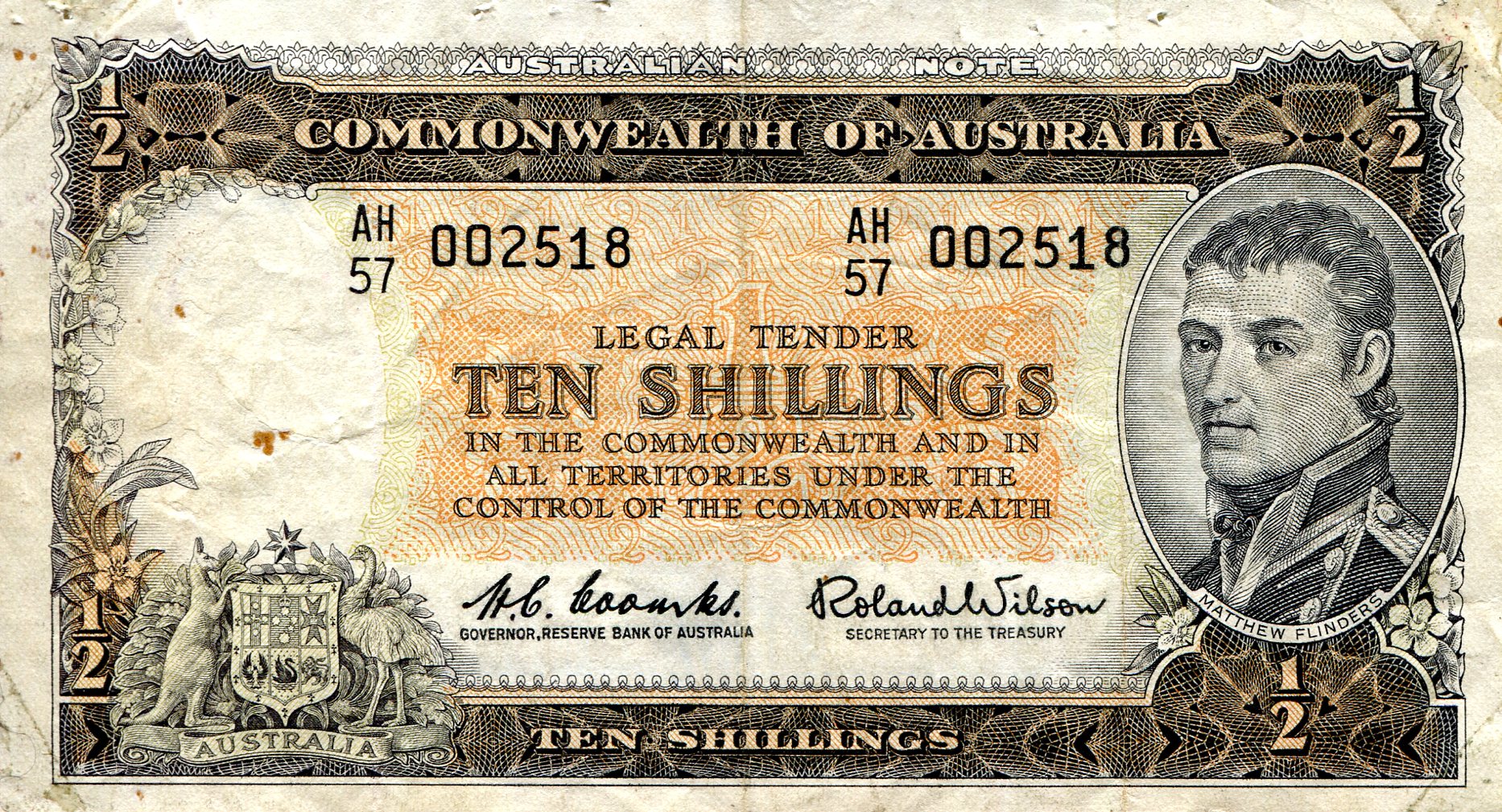 Australia  10 Shillings F/VG (see scan) Pin holes/tape residue  pick #: 29a