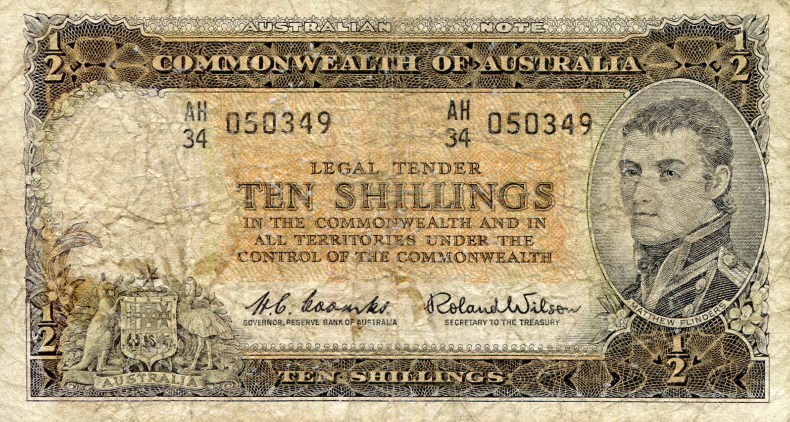 Australia  10 Shillings F/VG+ (see scan) Pin holes/tape residue  pick #: 29a