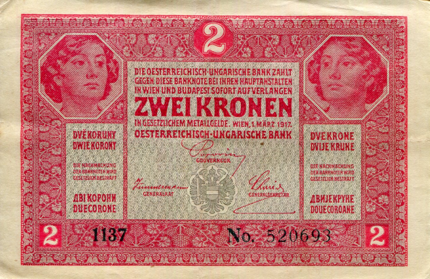 Austria 2 Kronen VF+ (see large scan) pick #: 21a