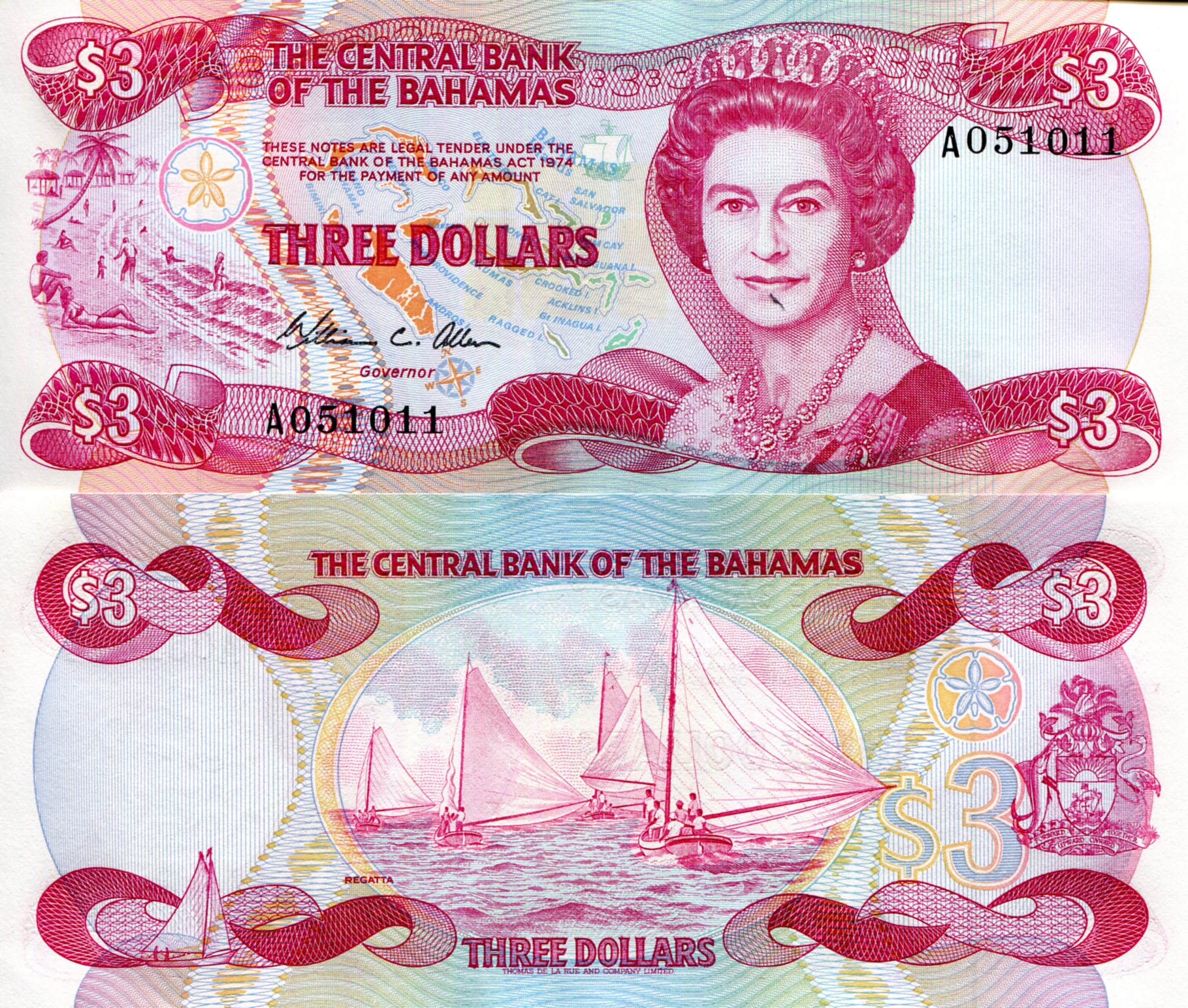 Bahamas  3 Dollars UNC pick #: 44a