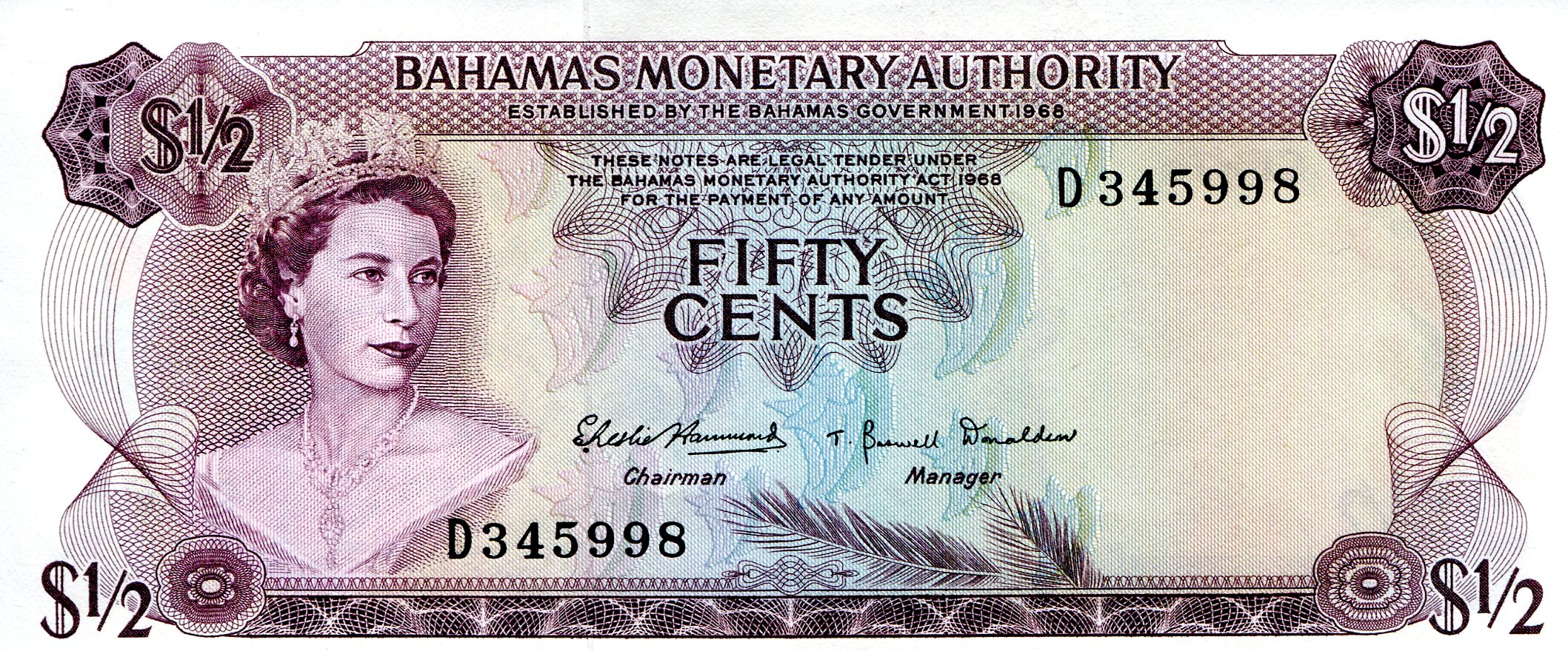 Bahamas  50 Cents aUNC+ (tiny TLH corner issue) pick #: 26
