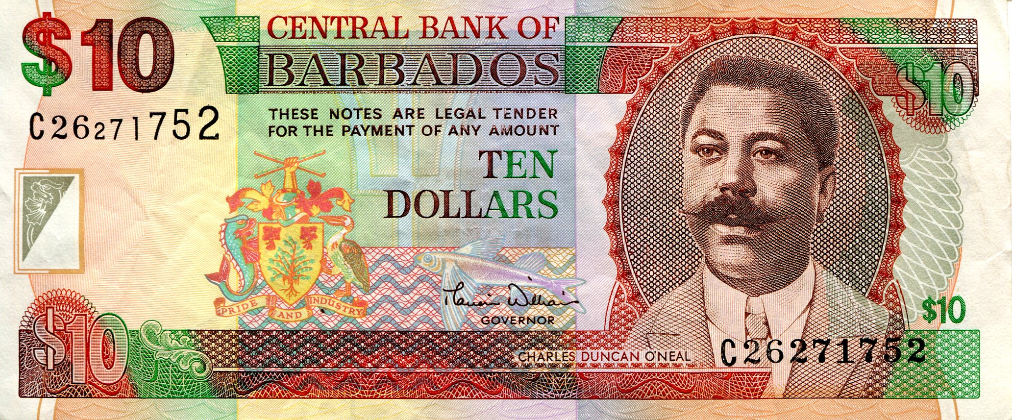Barbados 10 Dollars VF/F (see scan) pick #: 62