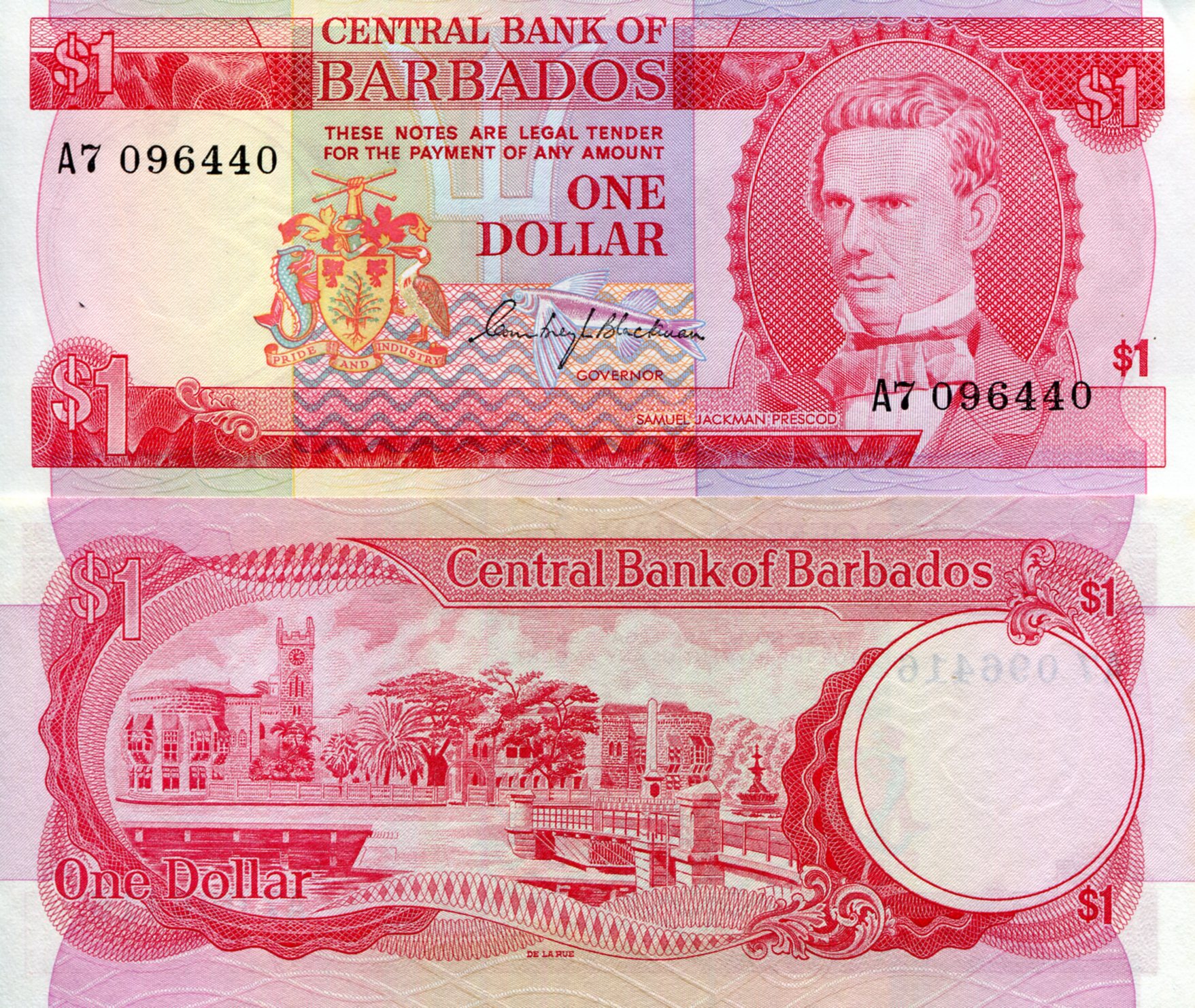 Barbados 1 Dollar aUNC (small corner issue) pick #: 29a