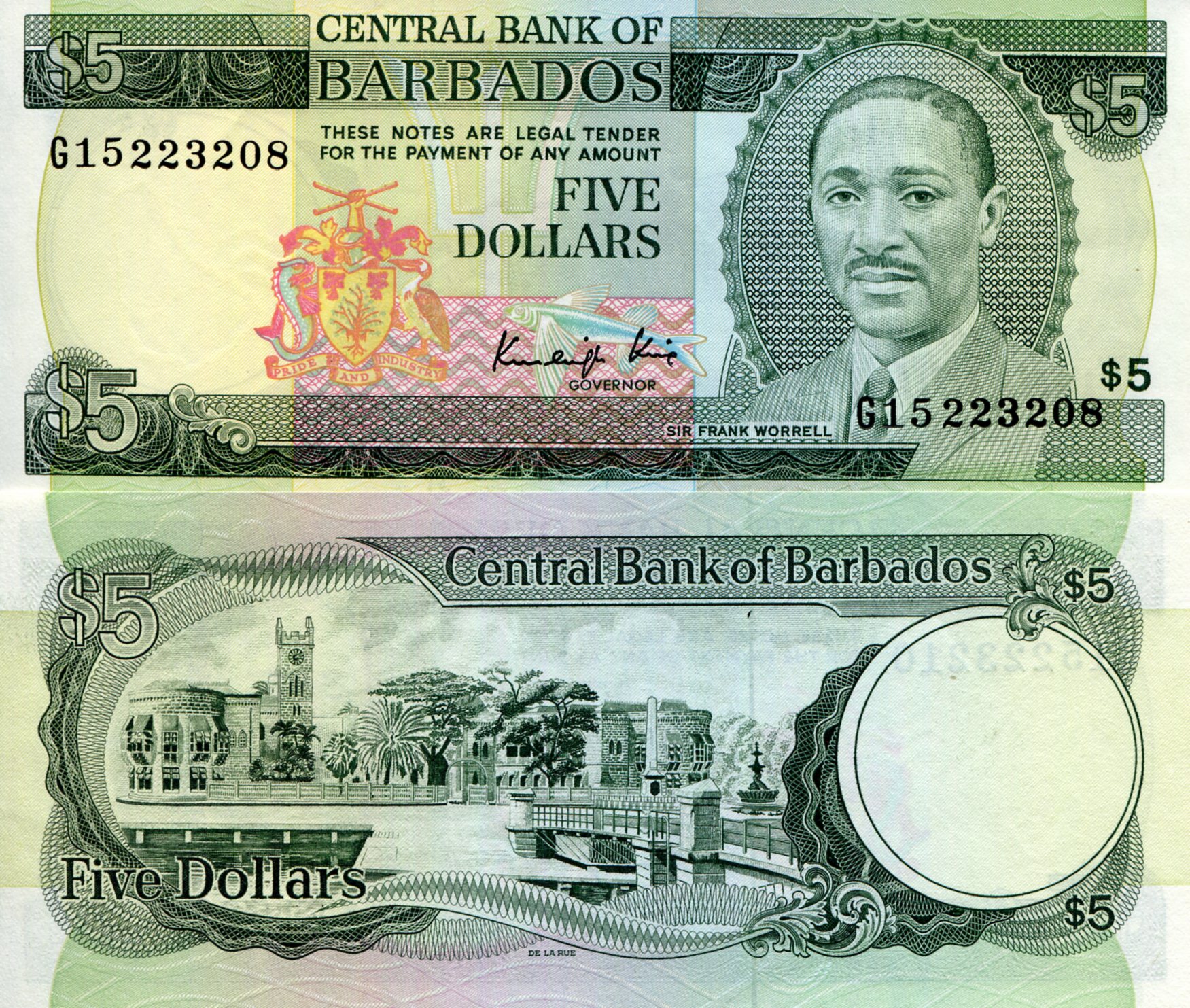 Barbados 5 Dollars aUNC (minor corner issues) pick #: 37b