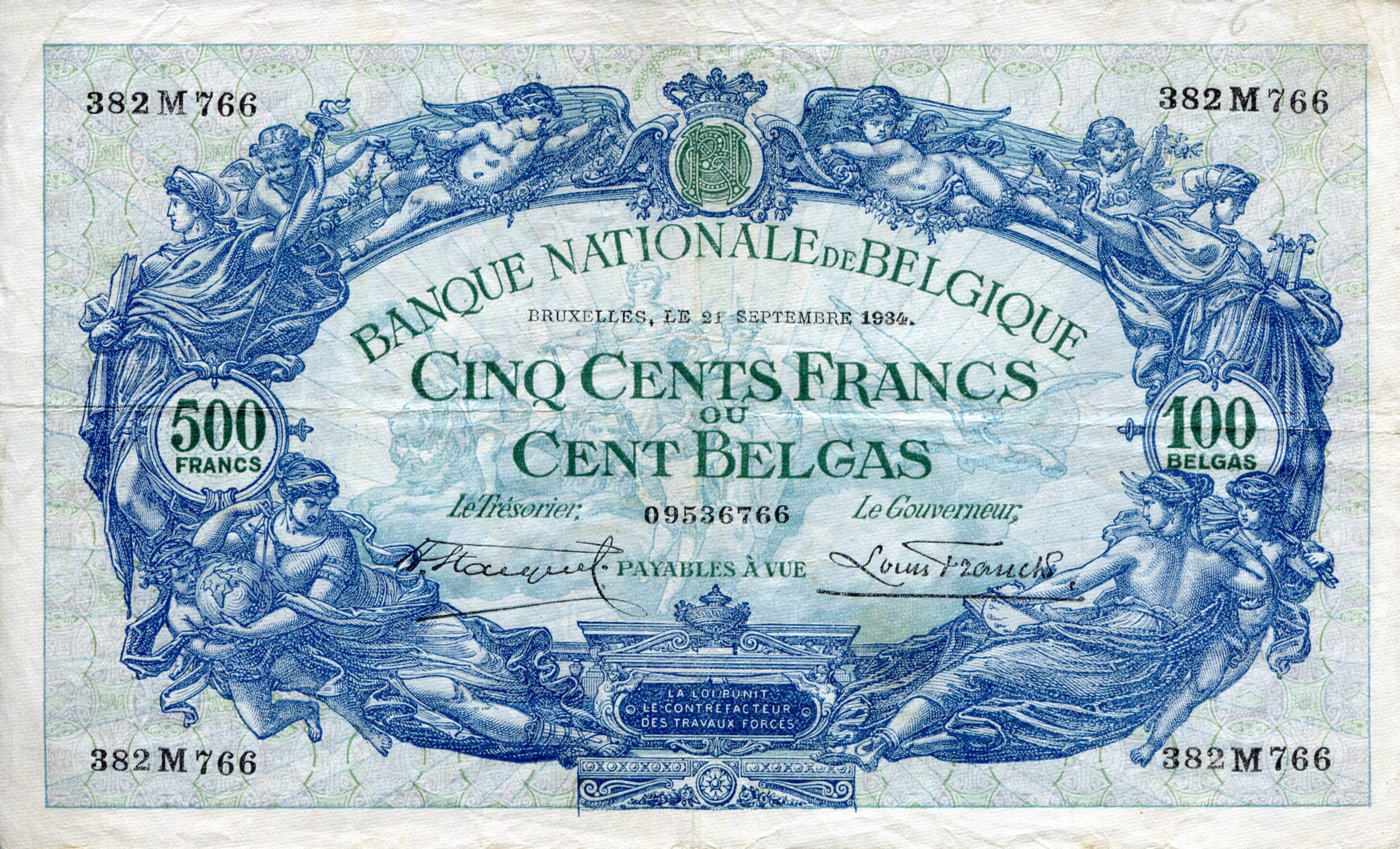 Belgium 500 (100) Francs (Belgas) F (see scan) pick #: 103a