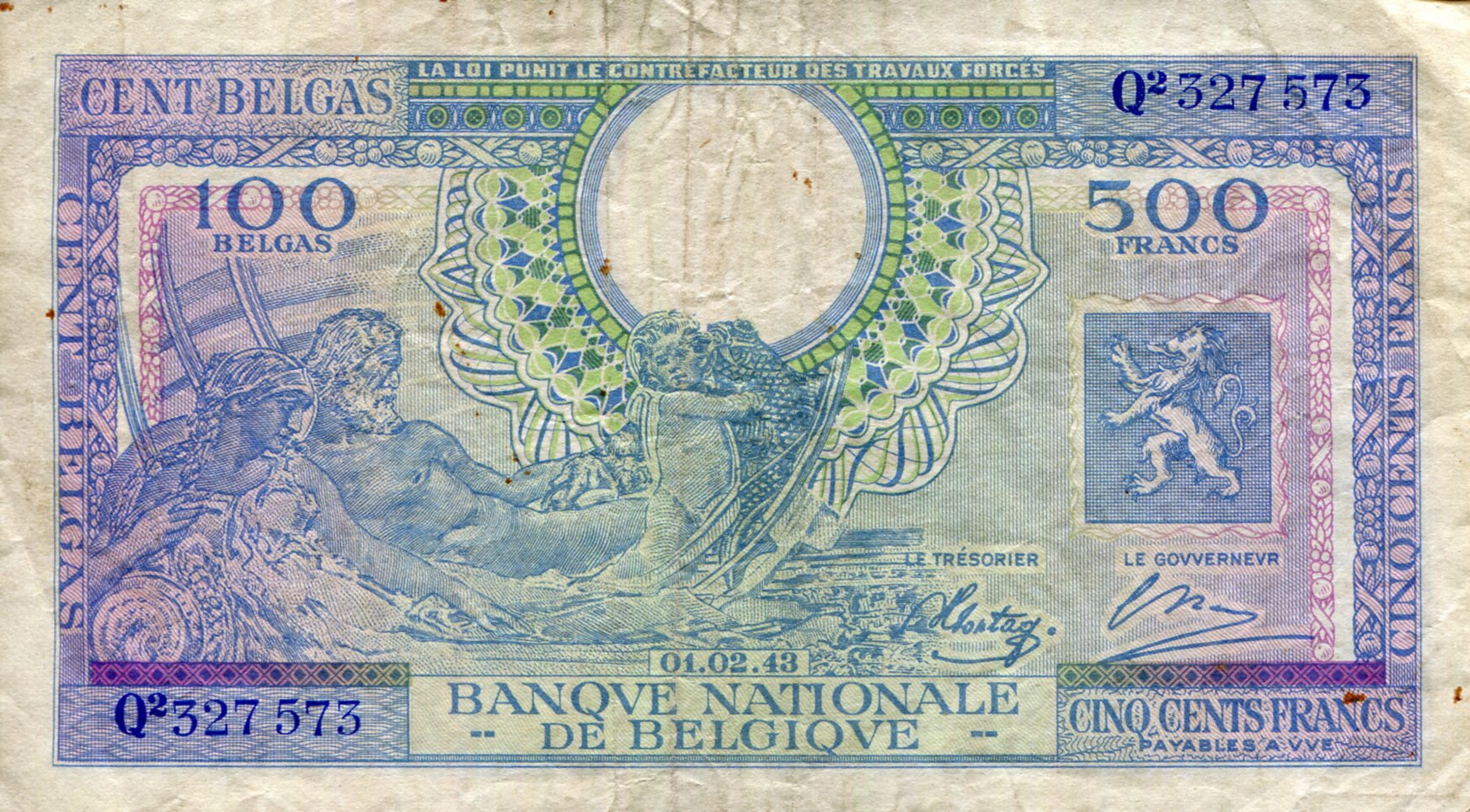 Belgium 500 (100) Francs (Belgas) F (see large scan) pick #: 124a