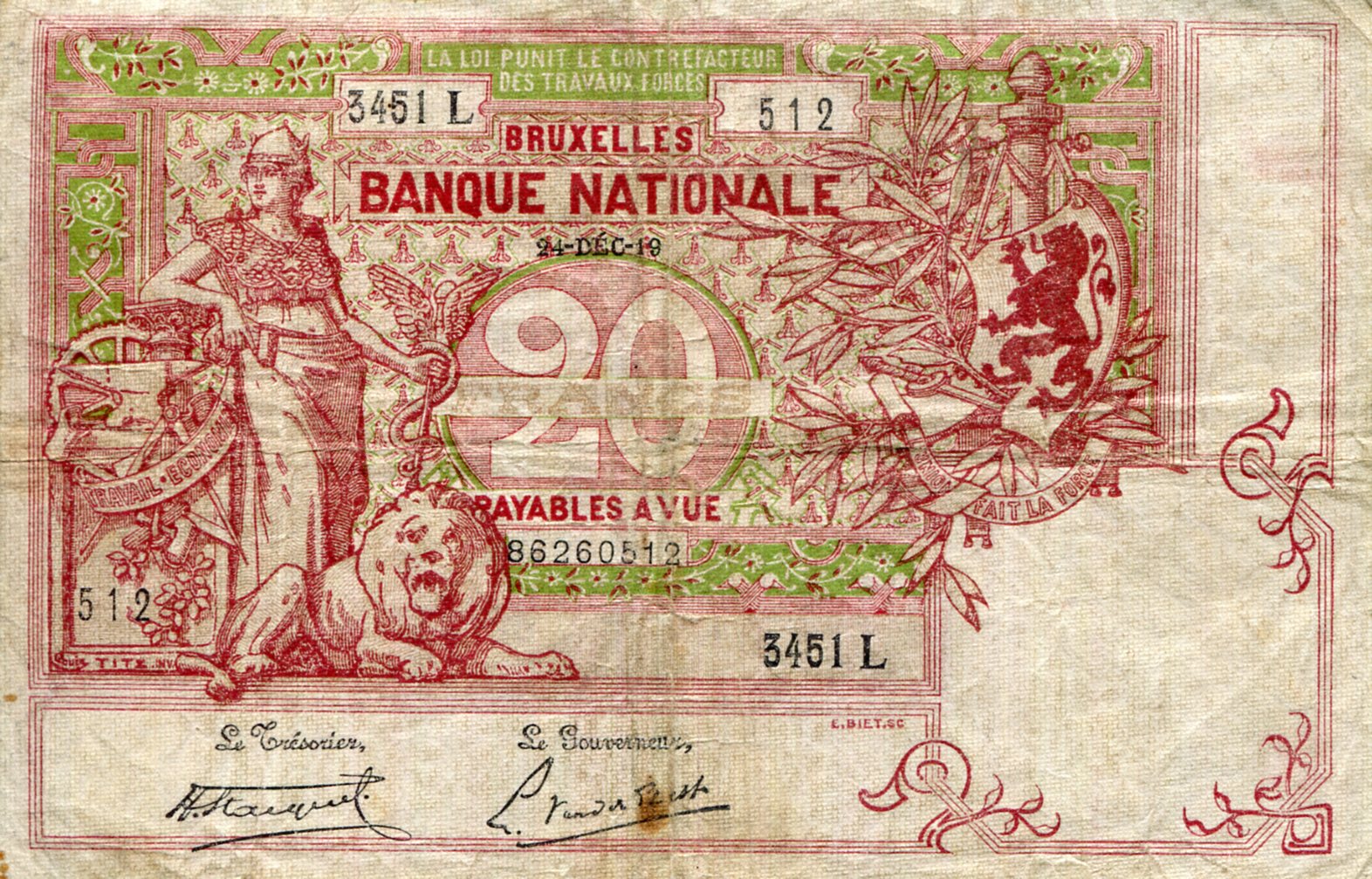 Belgium 20 Francs VG (see large scan) pick #: 67g