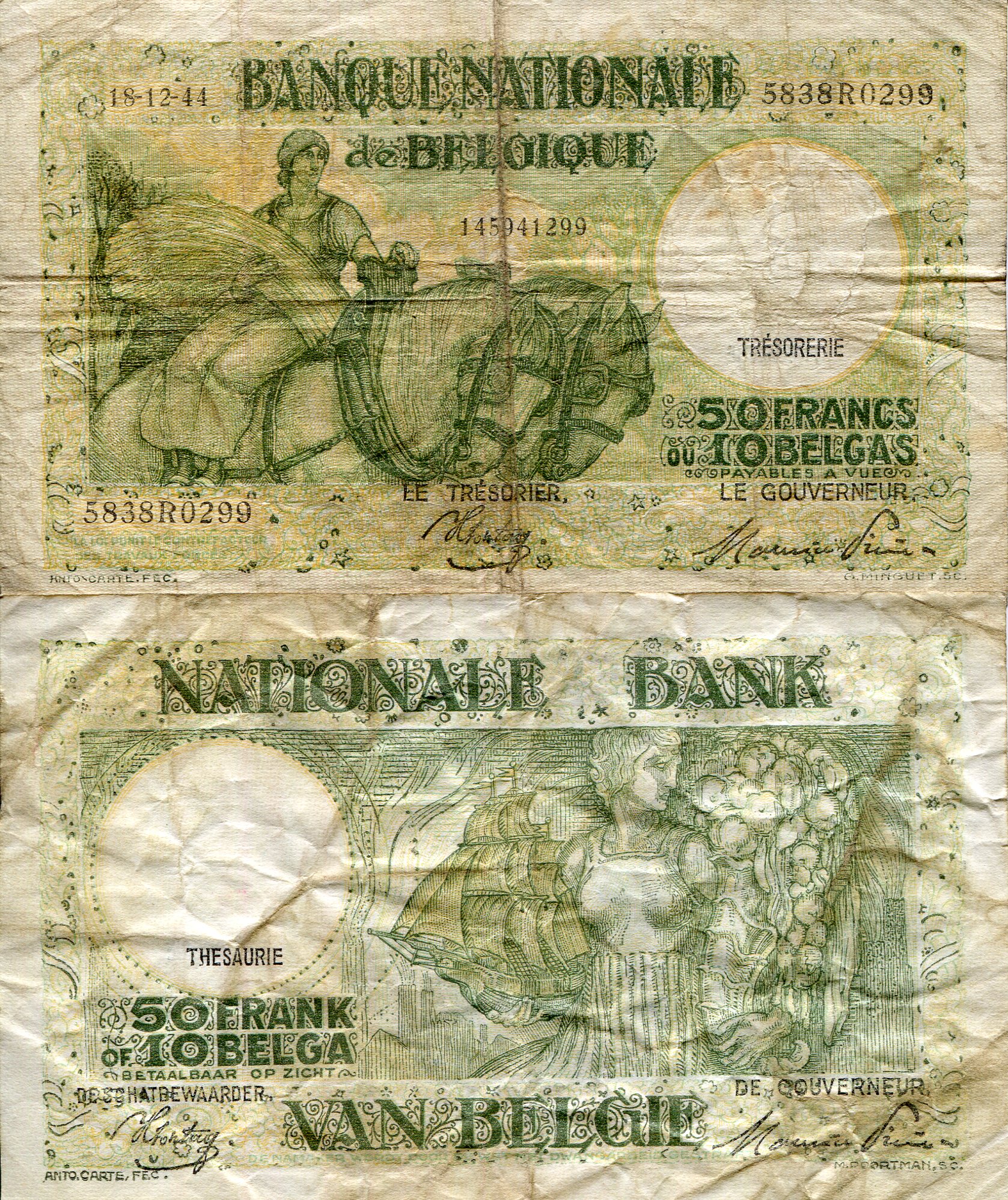 Belgium 50 (10) Francs (Belgas) VG/G (see scan) pick #: 106