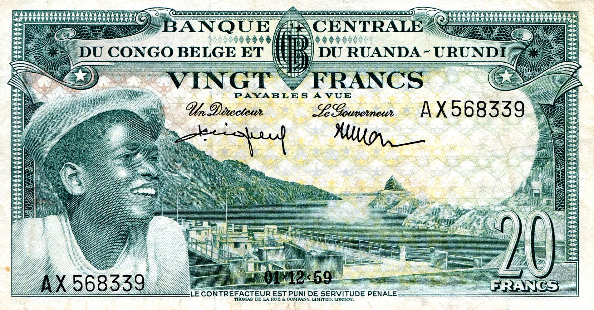 Belgian Congo 20 Francs VF (may have been pressed?) pick #: 31