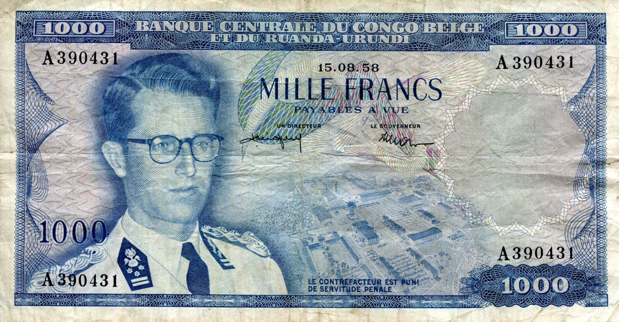 Belgian Congo 1,000 Francs F/VG+ (See large scan) pick #: 35b