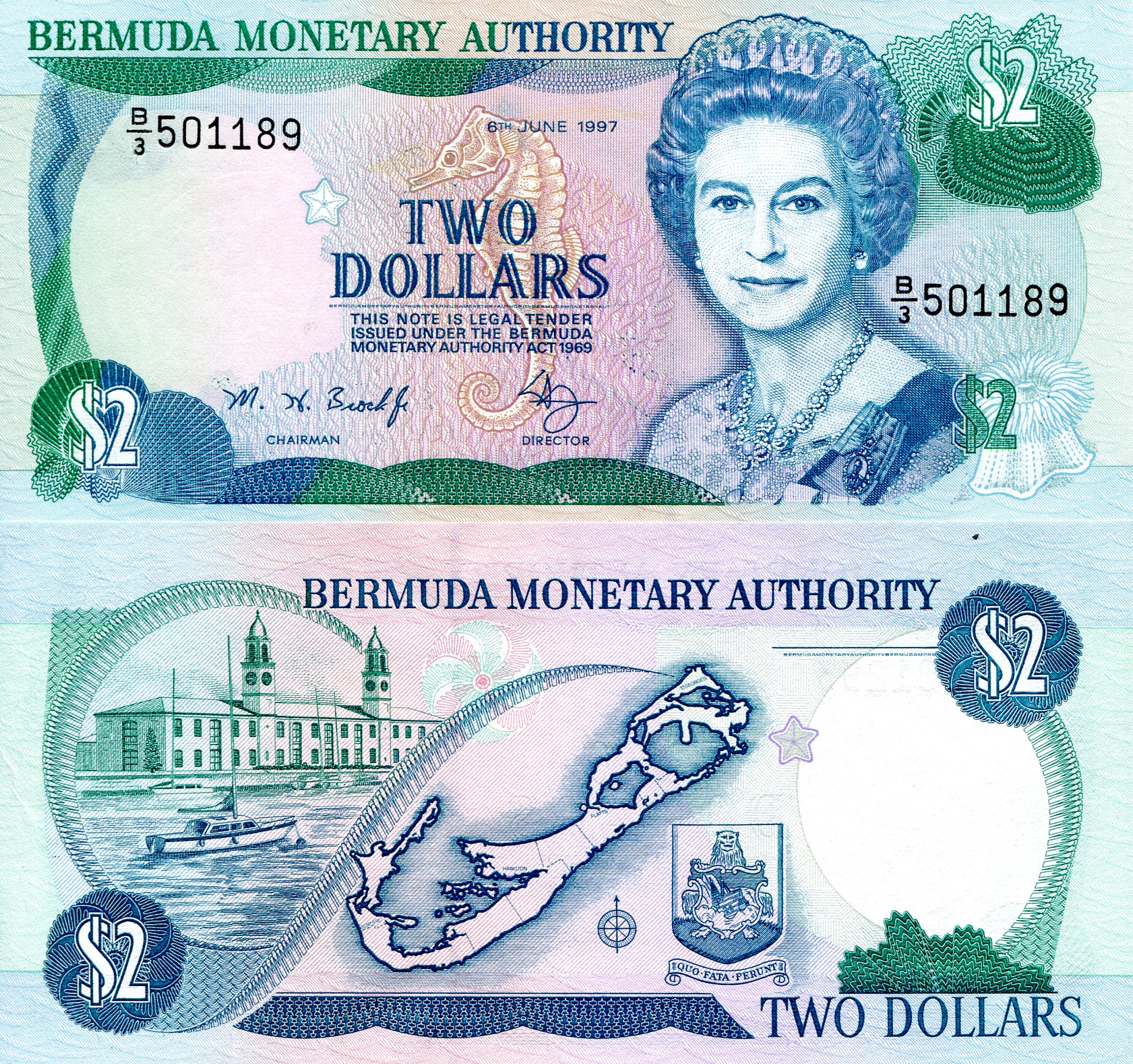Bermuda  2 Dollar UNC pick #: 40Ab