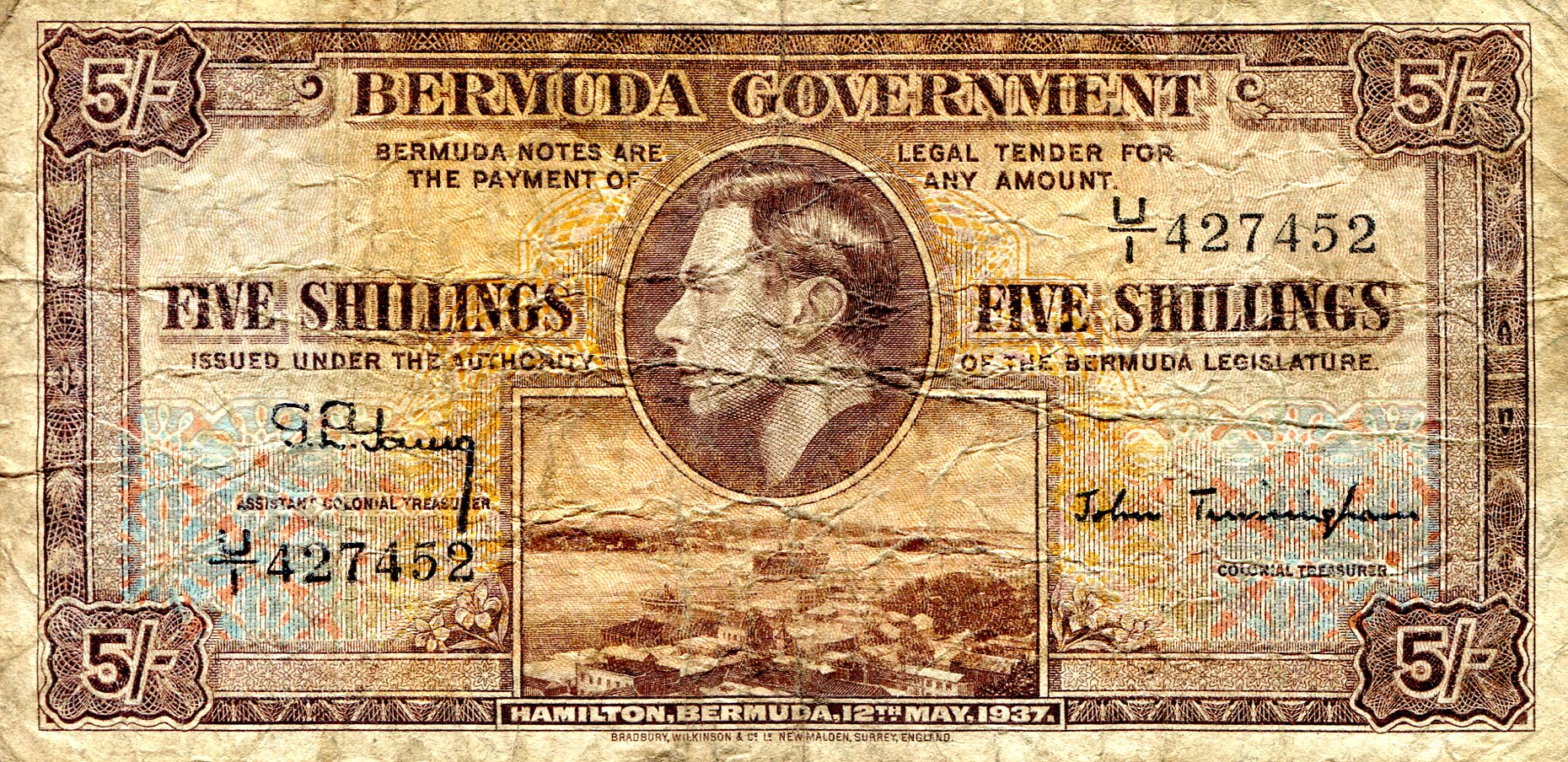 Bermuda  5 Shillings F/VG (see large scan) pick #: 8b