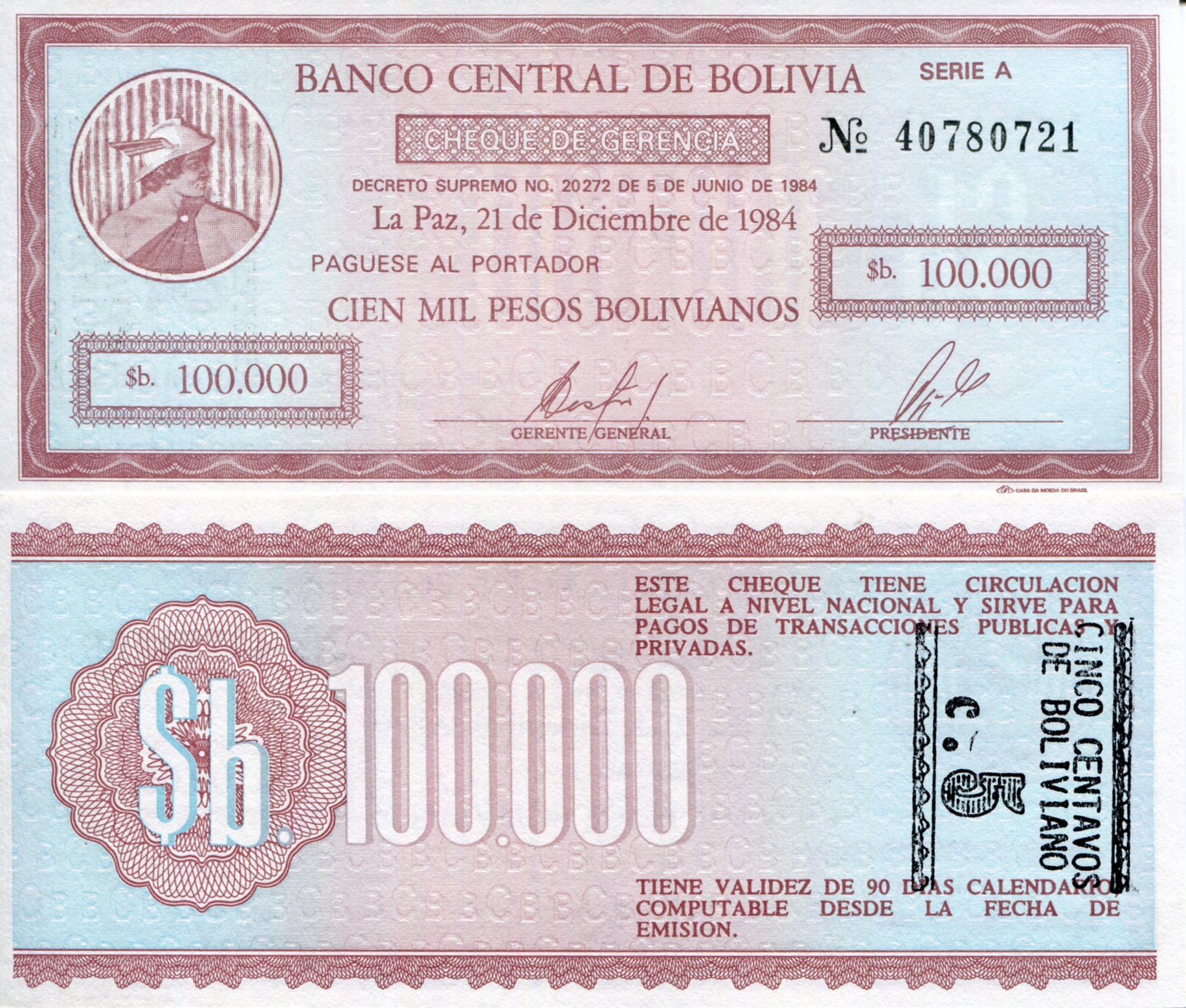 Bolivia  100,000 (5) Bolivianos (Cents) UNC pick #: 197b