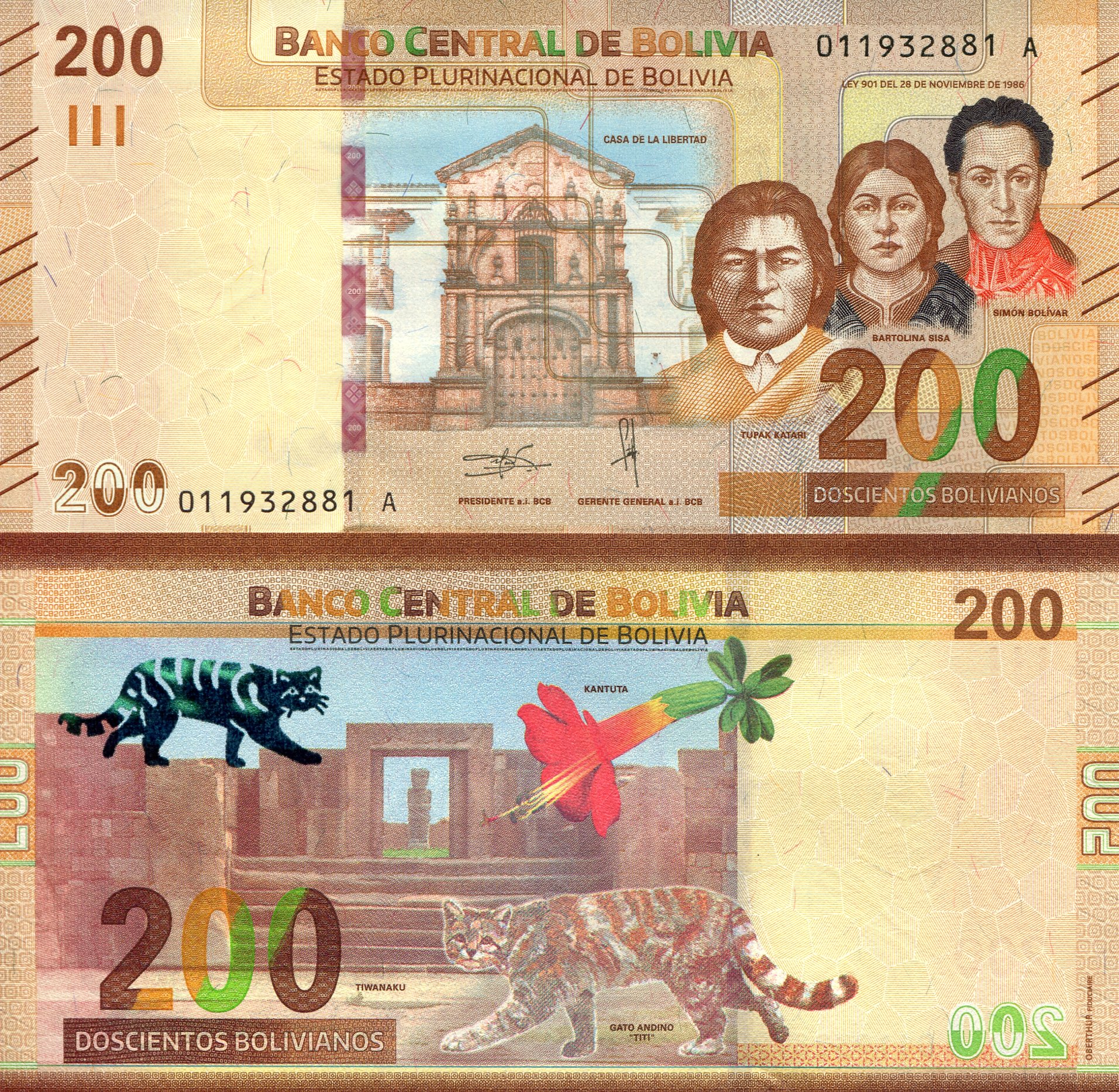 Bolivia  200 Bolivianos UNC pick #: 252