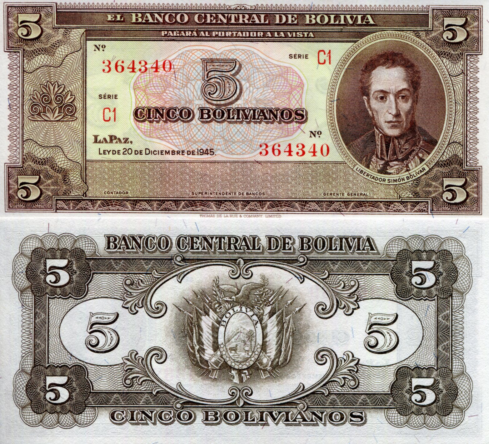 Bolivia  5 Bolivianos UNC pick #: 138r