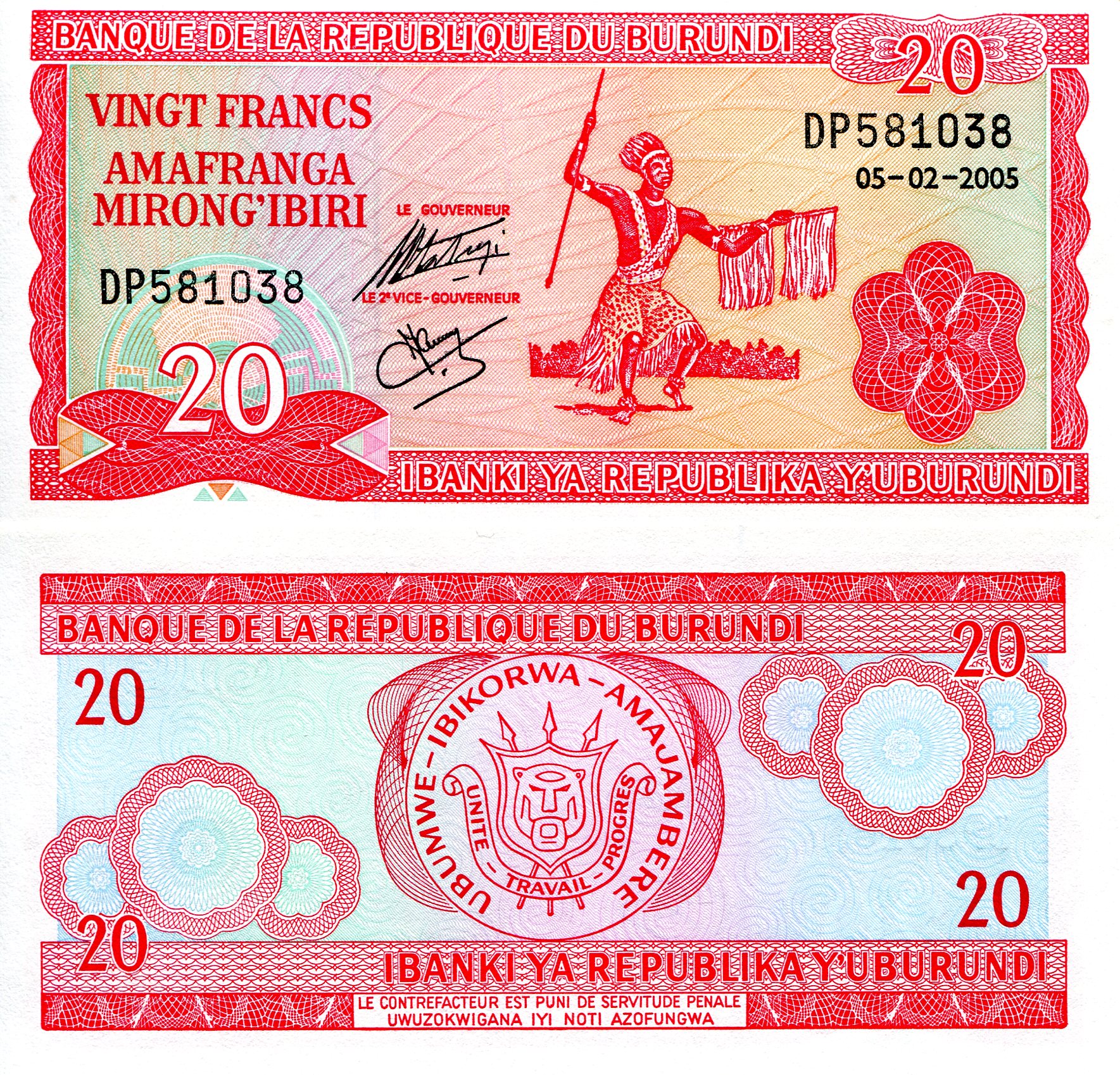 Burundi 20 Francs UNC pick #: 27d