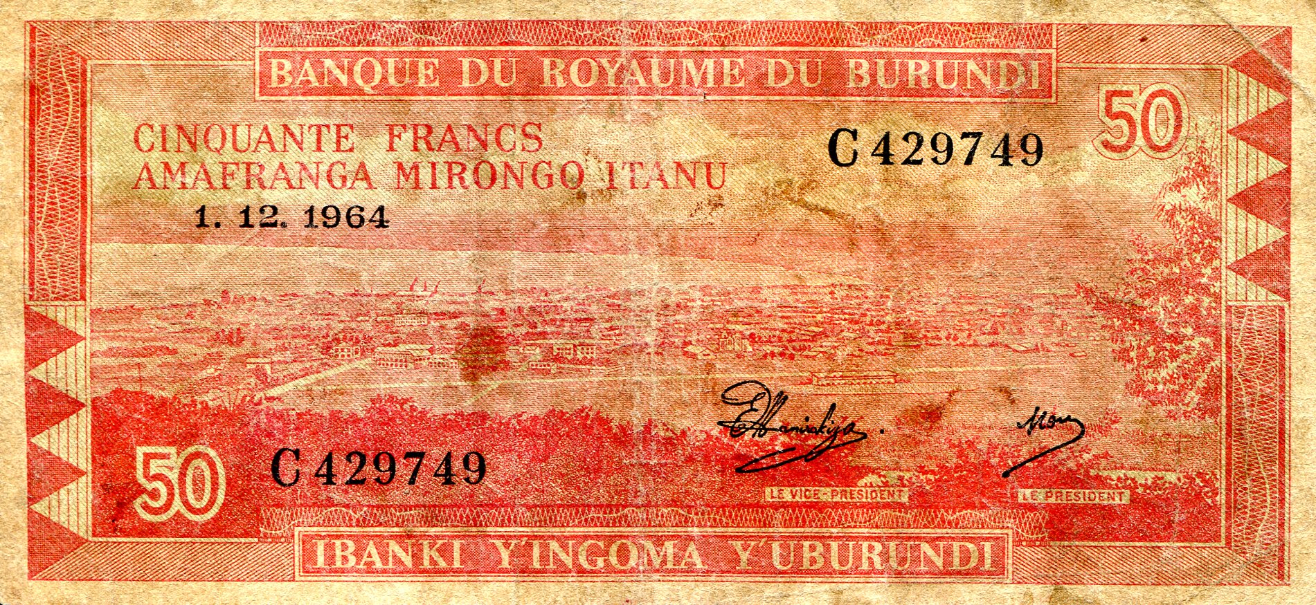 Burundi 50 Francs F/VG (see large scan) pick #: 11b