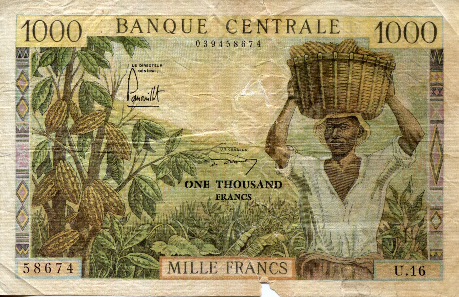 Cameroun 1,000 Francs G (see large scan) pick #: 12b