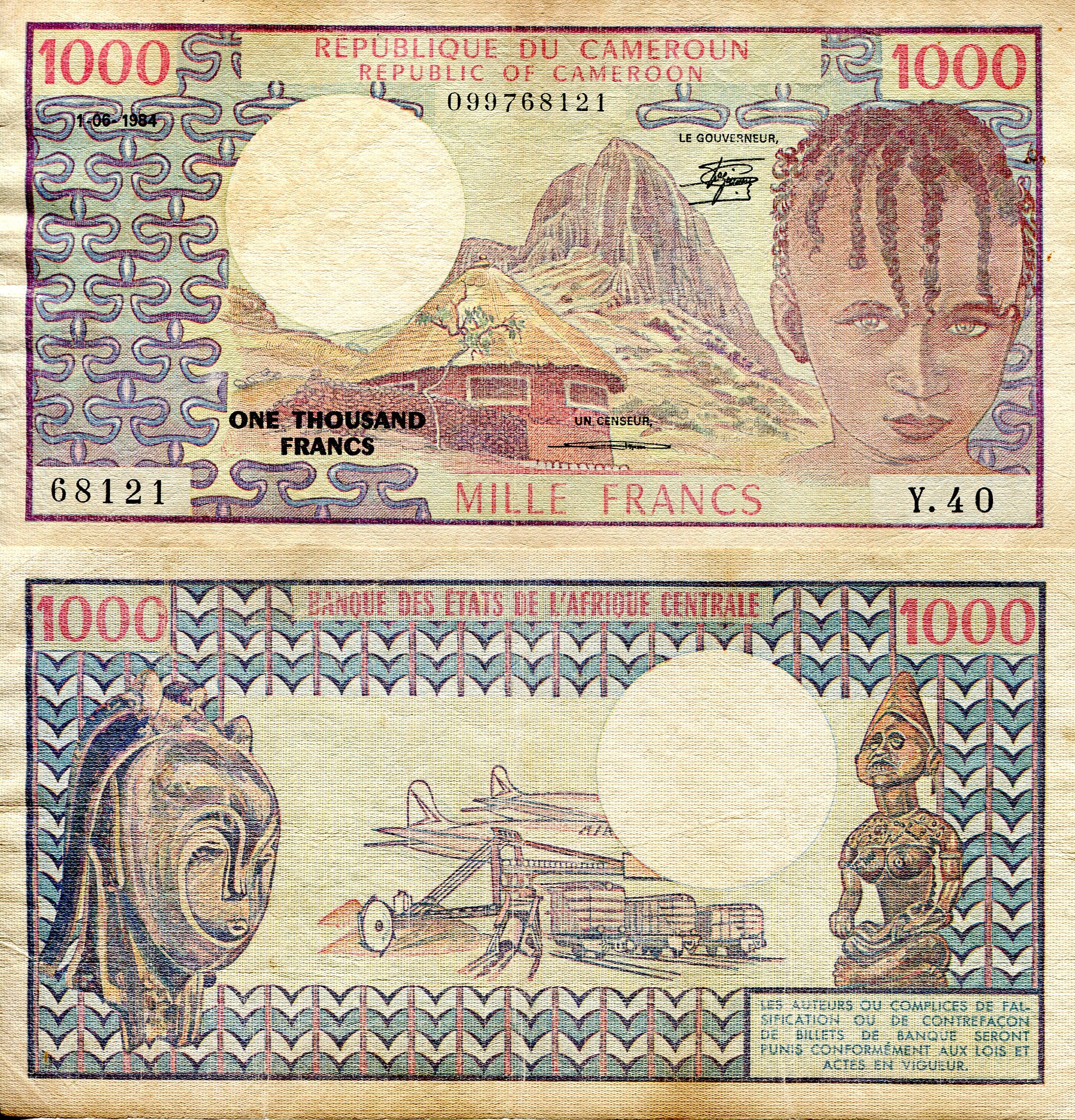 Cameroun 1,000 Francs F (see large scan - Pinholes) pick #: 21