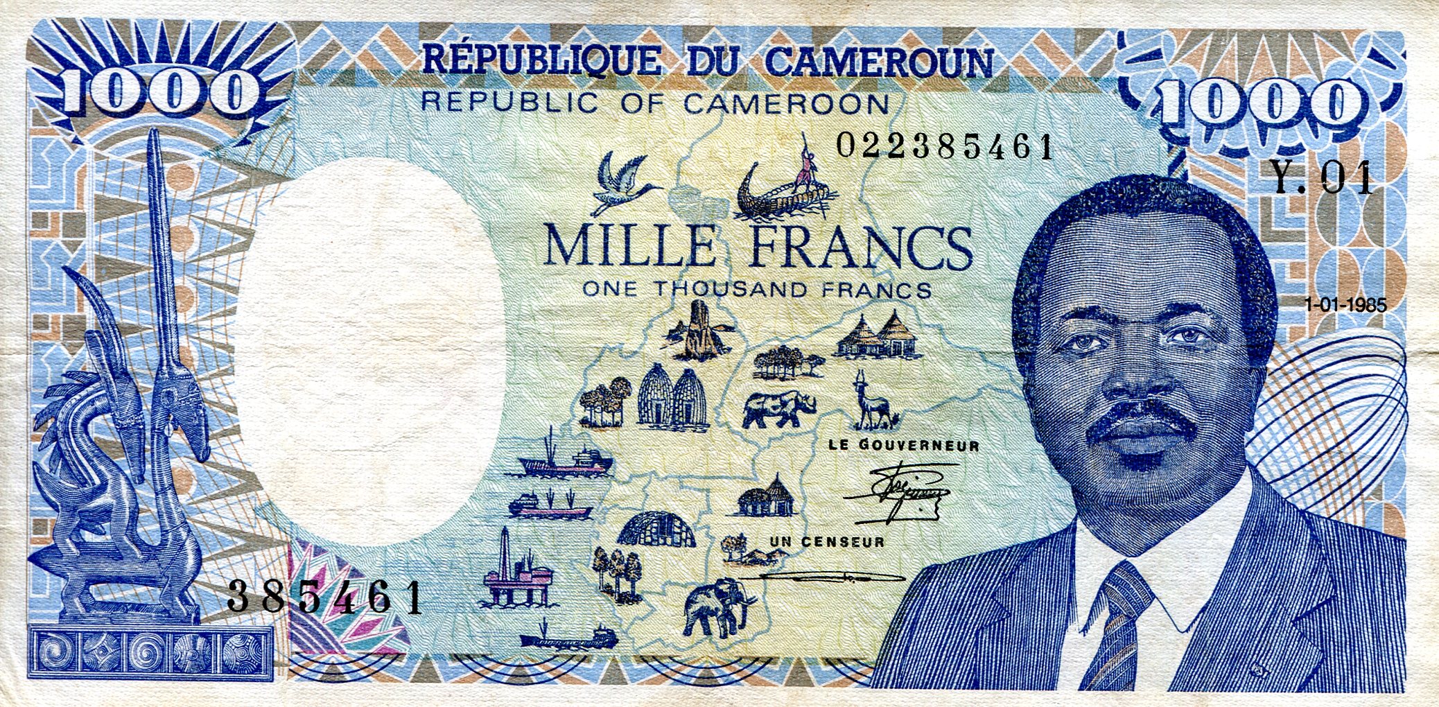 Cameroun 1,000 Francs F (see large scan) pick #: 25