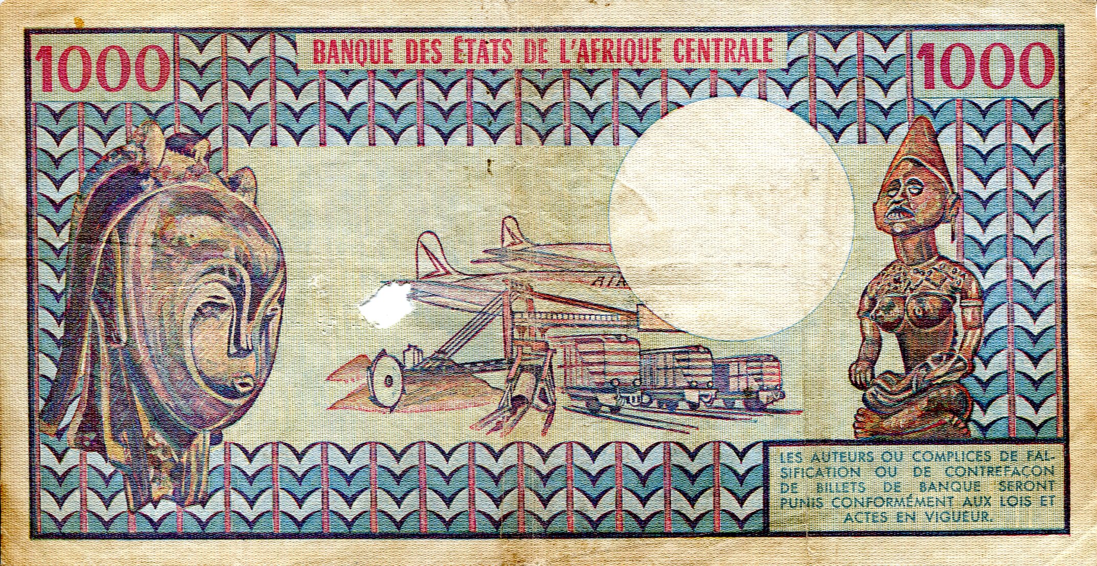 Central African Republic 1,000 Francs G (see large scan - hole in note) pick #: 10c