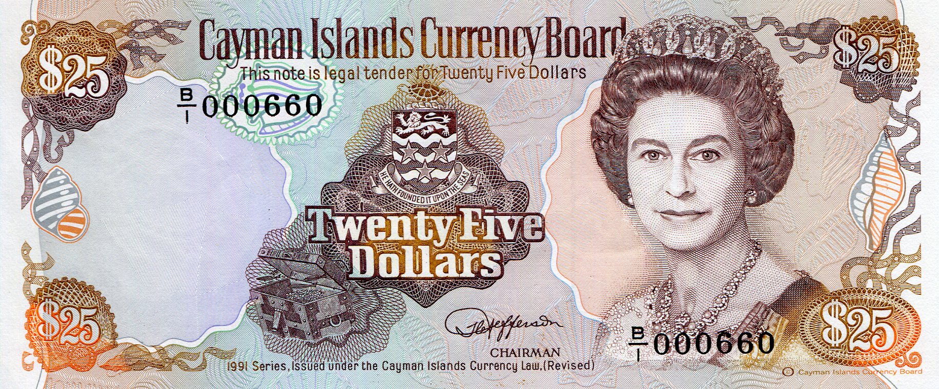 Cayman Islands 25 Dollars UNC pick #: 14a