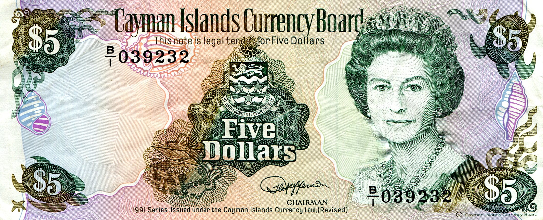 Cayman Islands 5 Dollars VF+ (see large scan) pick #: 12