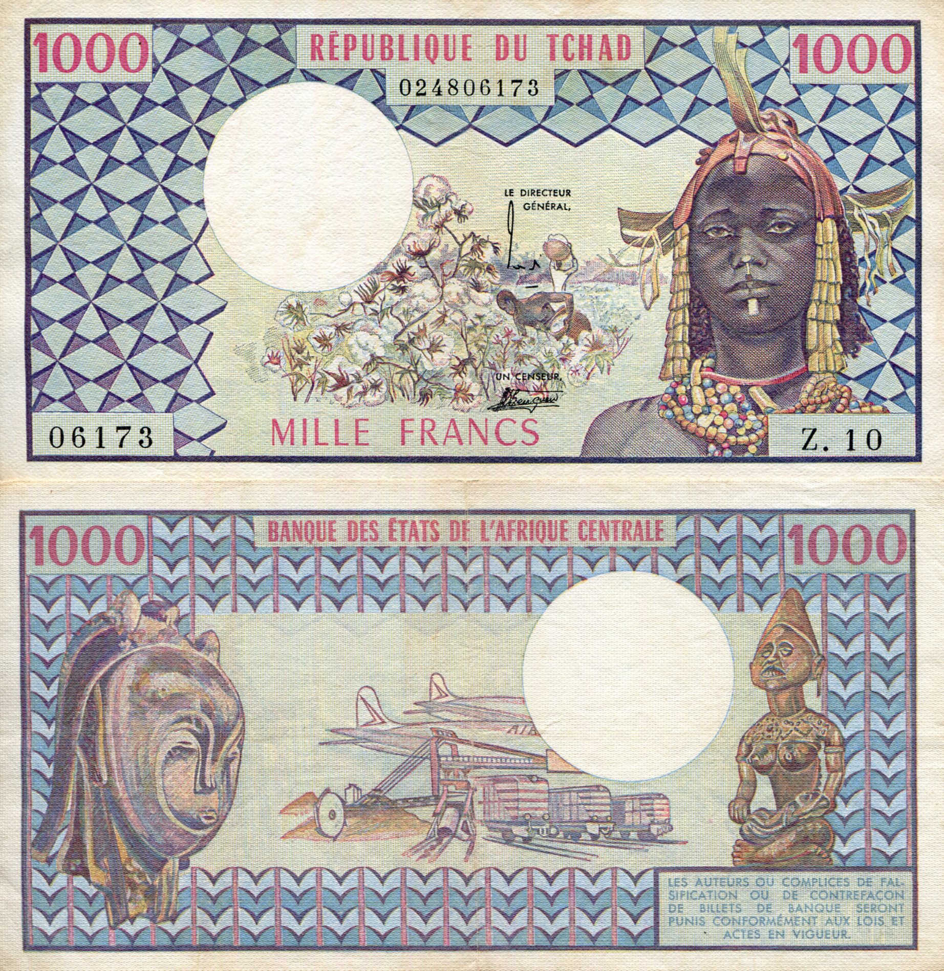 Chad 1,000 Francs F (See large scan) pick #: 3b