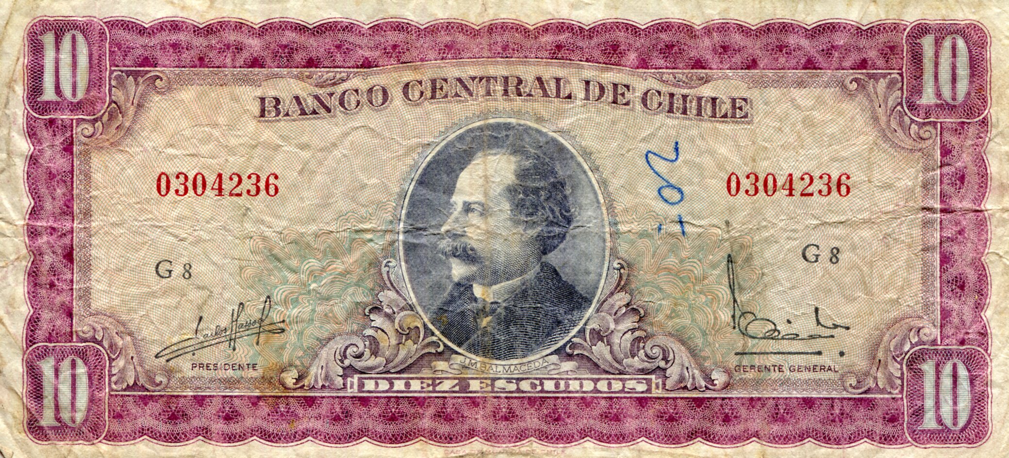 Chile 10 Escudos VG (See large scan) pick #: 139c