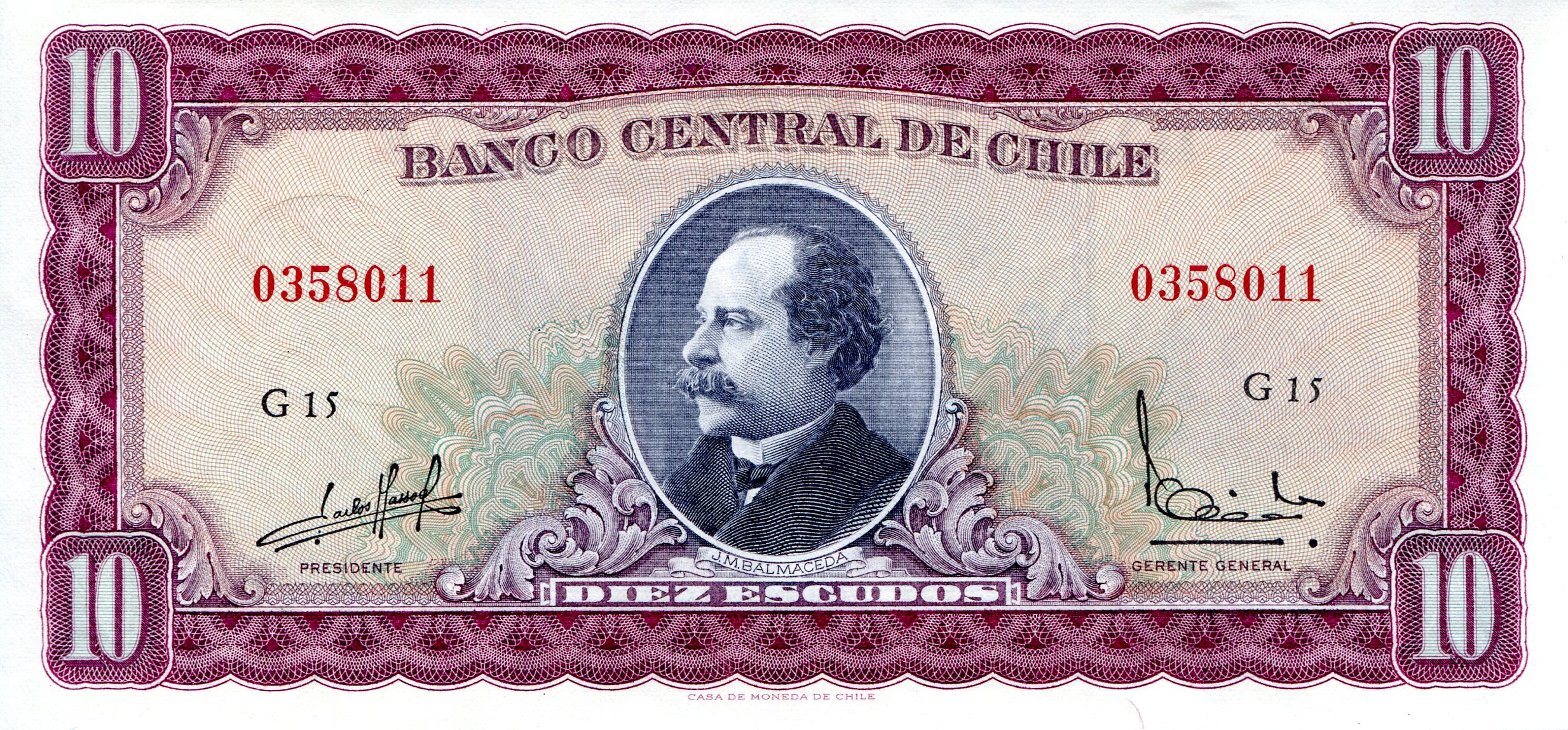 Chile 10 Escudos UNC/aUNC pick #: 139a