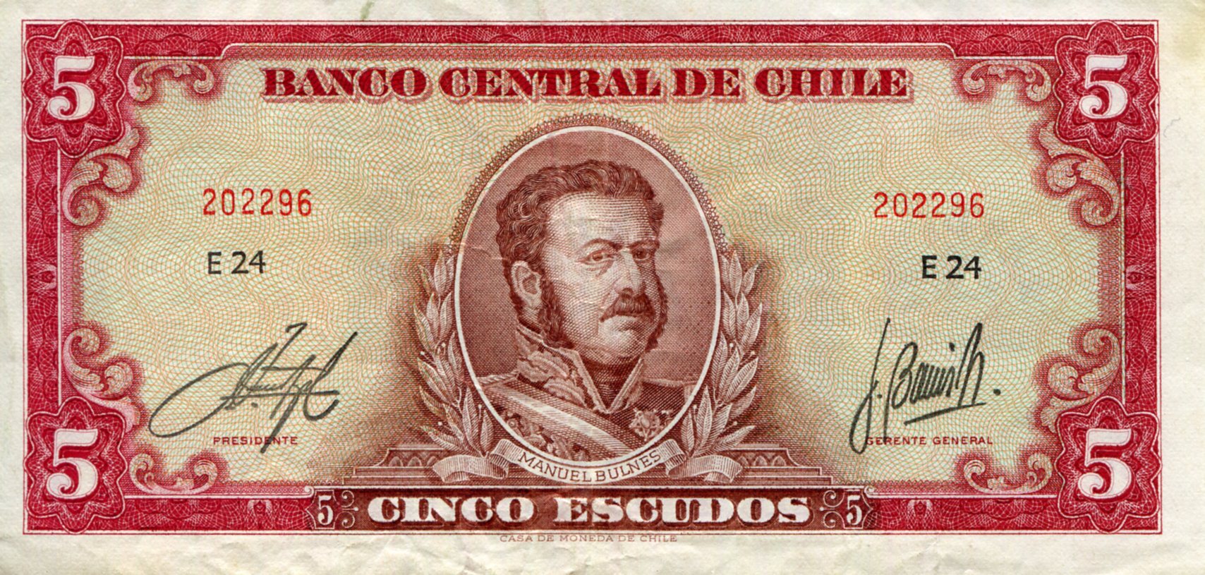 Chile 5 Escudos VF/F (see large scan) pick #: 138d