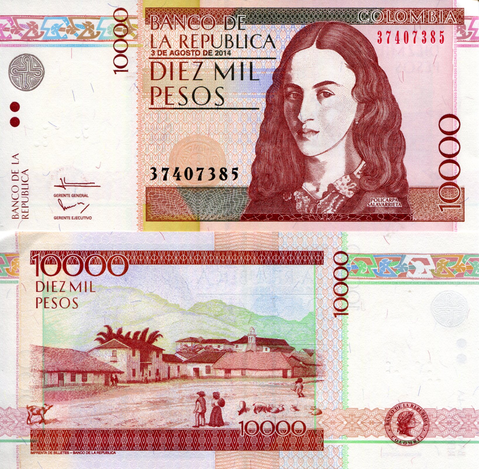 Colombia  10,000 Pesos UNC pick #: 453y