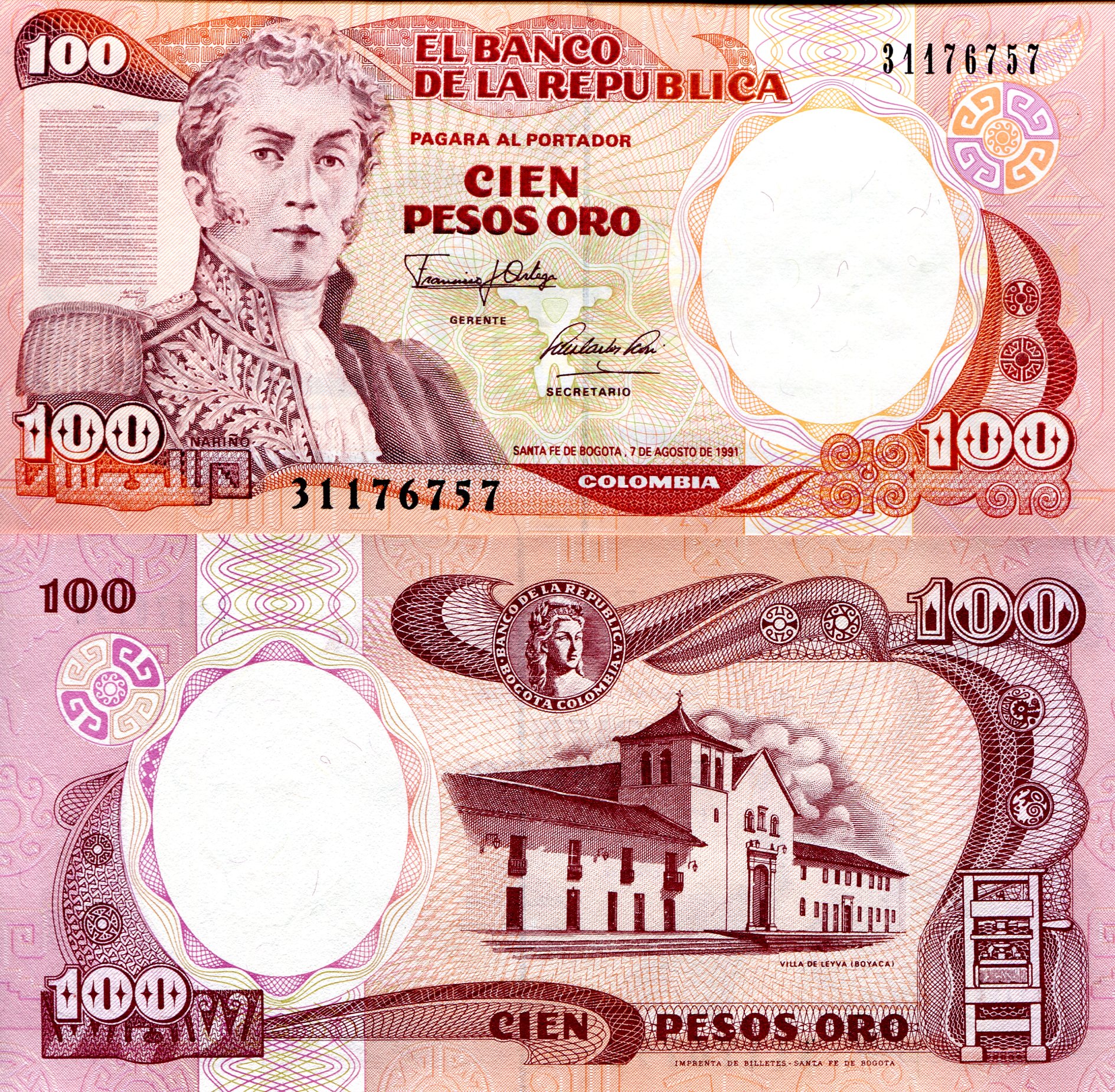 Colombia  100 Pesos Oro UNC (doesn't lay flat) pick #: 426e