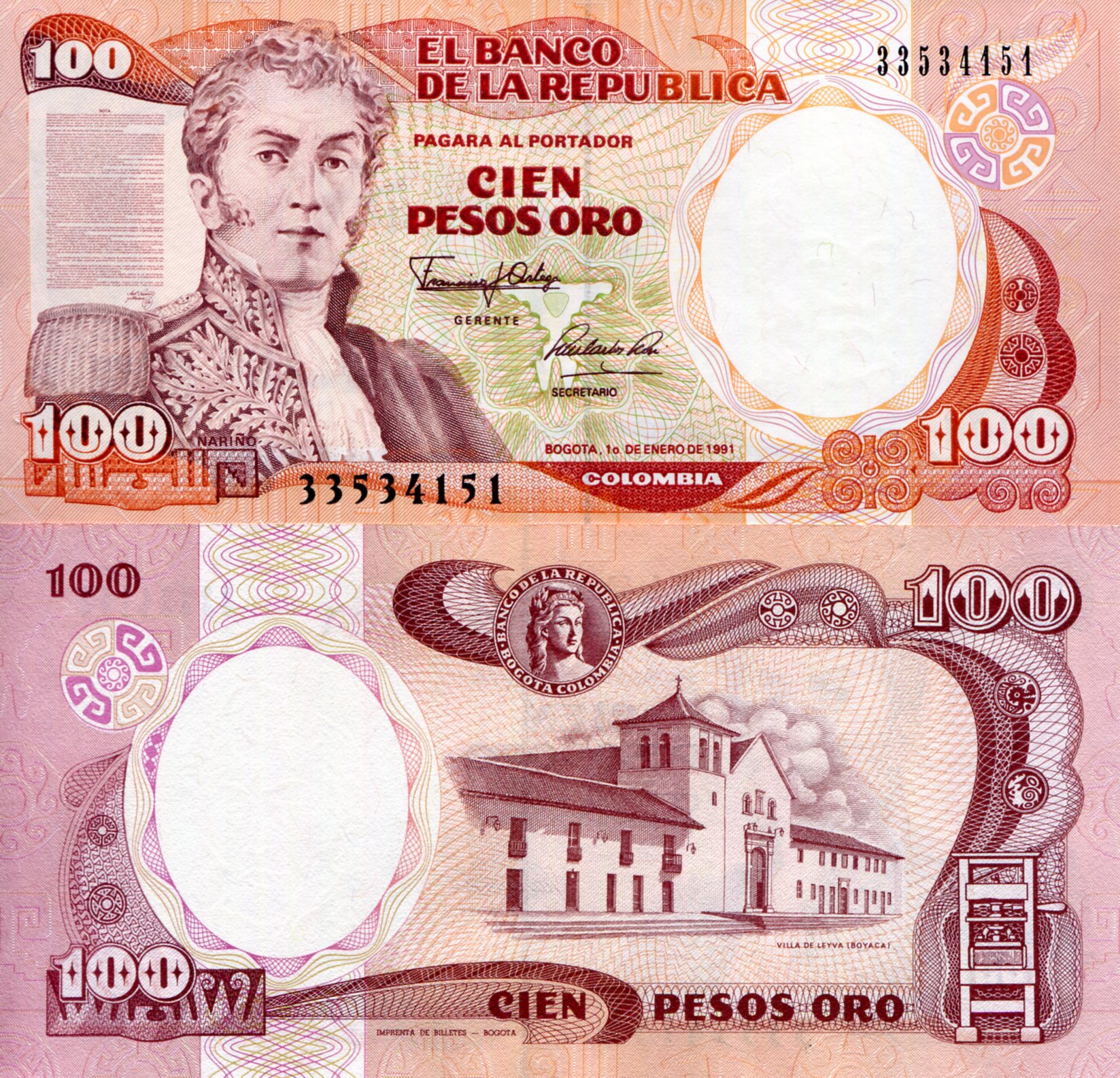 Colombia  100 Pesos Oro UNC pick #: 426c