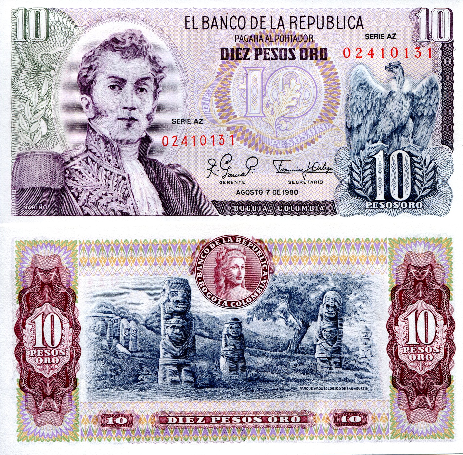 Colombia  10 Pesos aUNC (minor corner issue) pick #: 407h