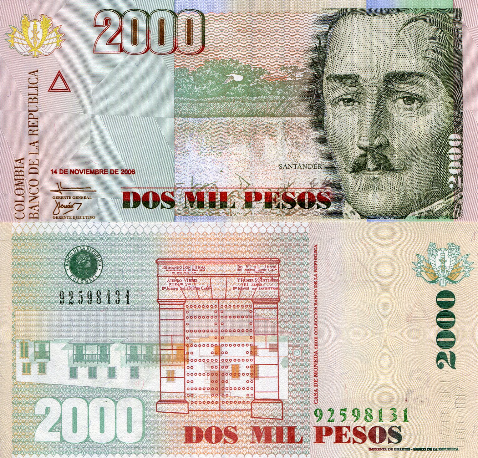 Colombia  2,000 Pesos UNC pick #: 457e