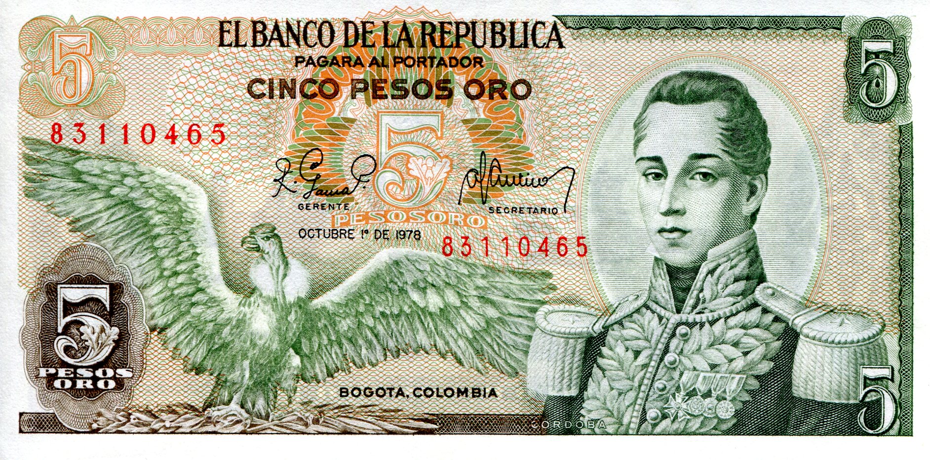 Colombia  5 Pesos aUNC pick #: 406f