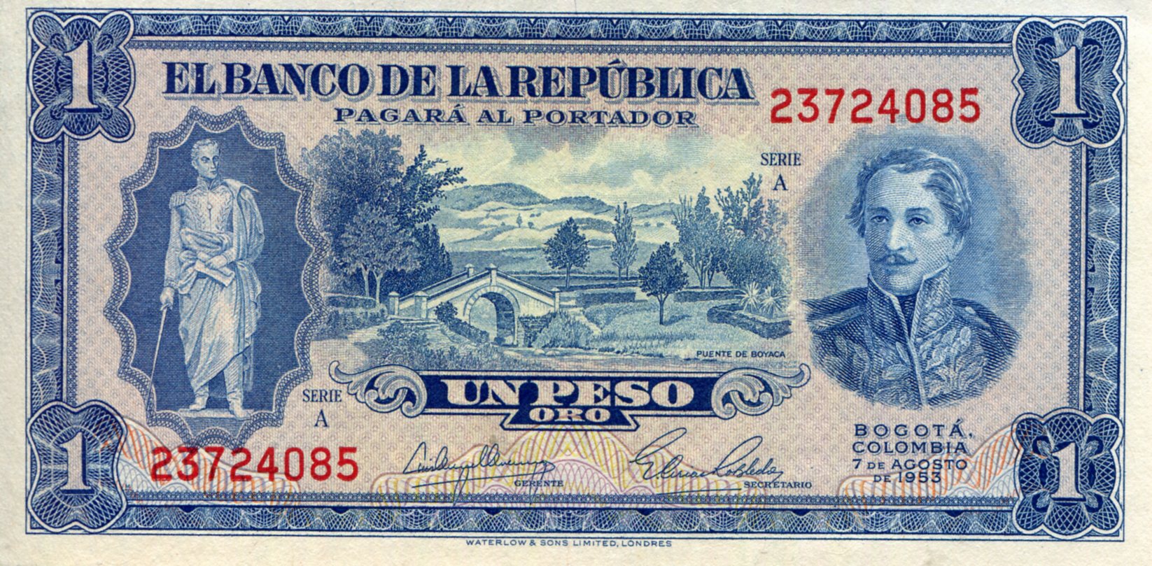 Colombia  1 Peso oro aUNC/XF (see large scan) pick #: 398a
