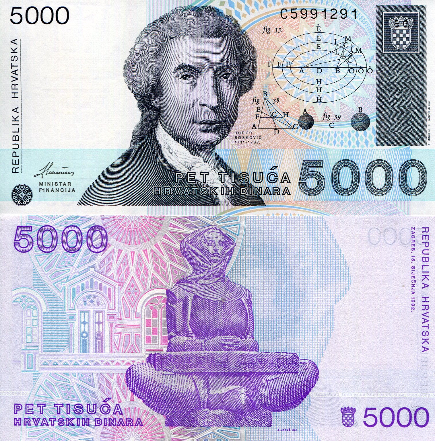 Croatia  5,000 Dinara UNC pick #: 24a