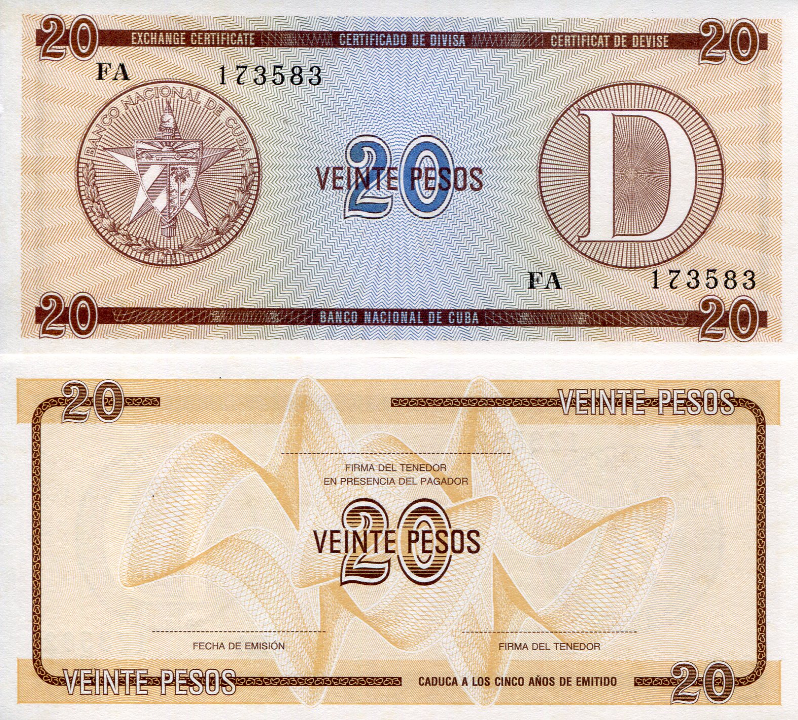Cuba 20 Pesos aUNC (corner issue) pick #: FX36