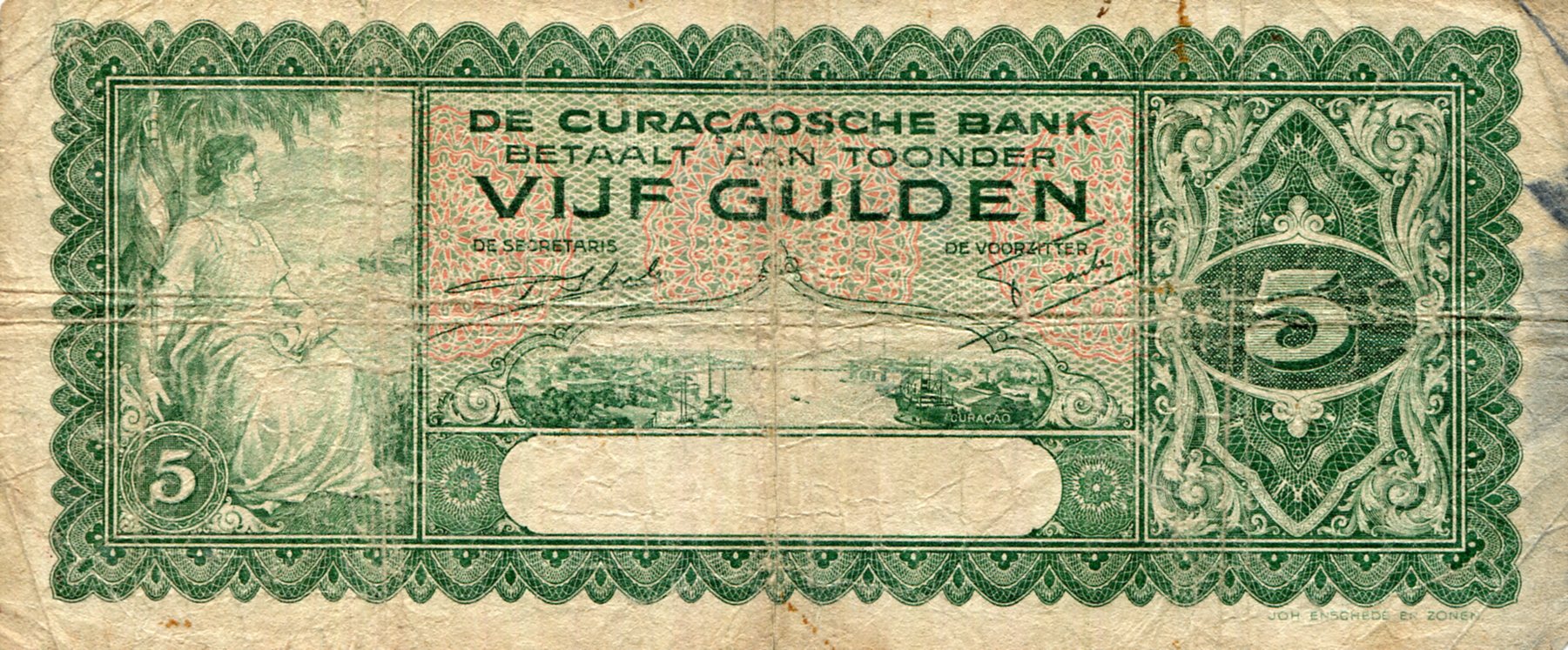 Curacao 5 Gulden VG (See large scan) pick #: 22a