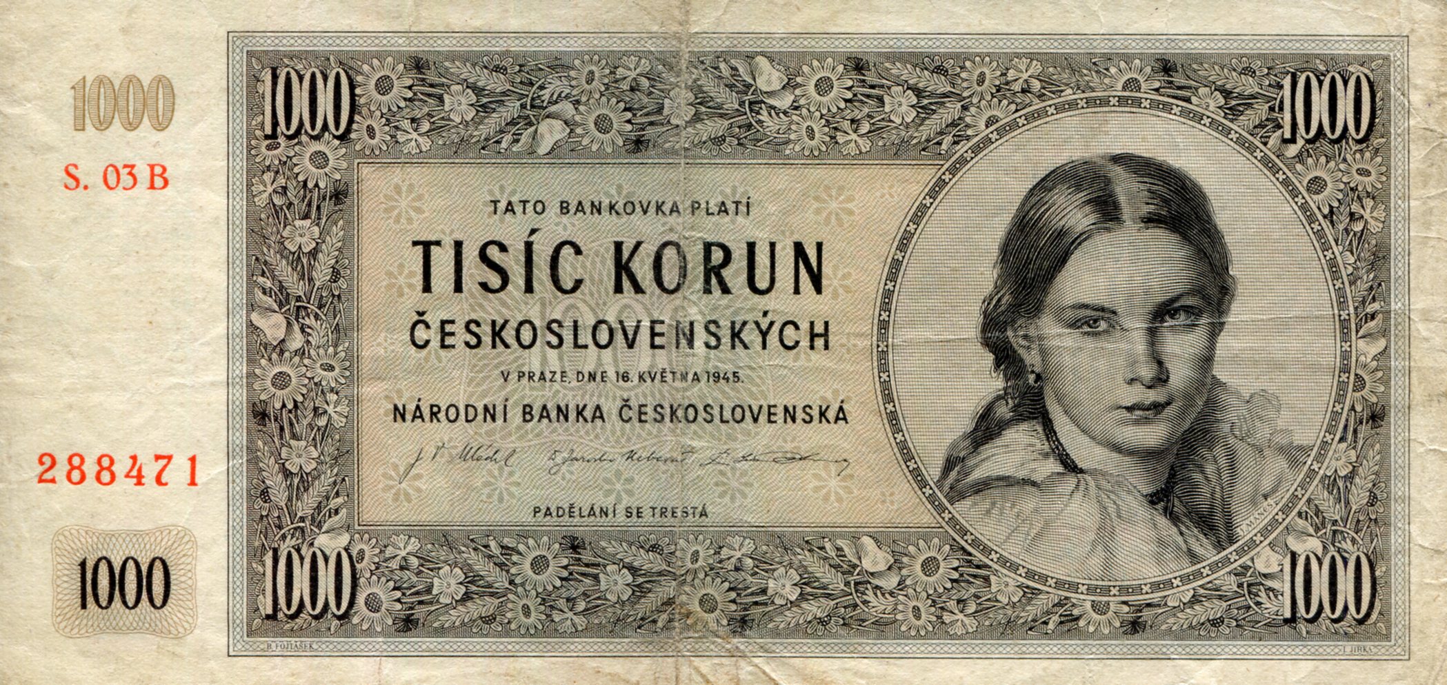 Czechoslovakia  1,000 Korun F (see large scan) pick #: 74b
