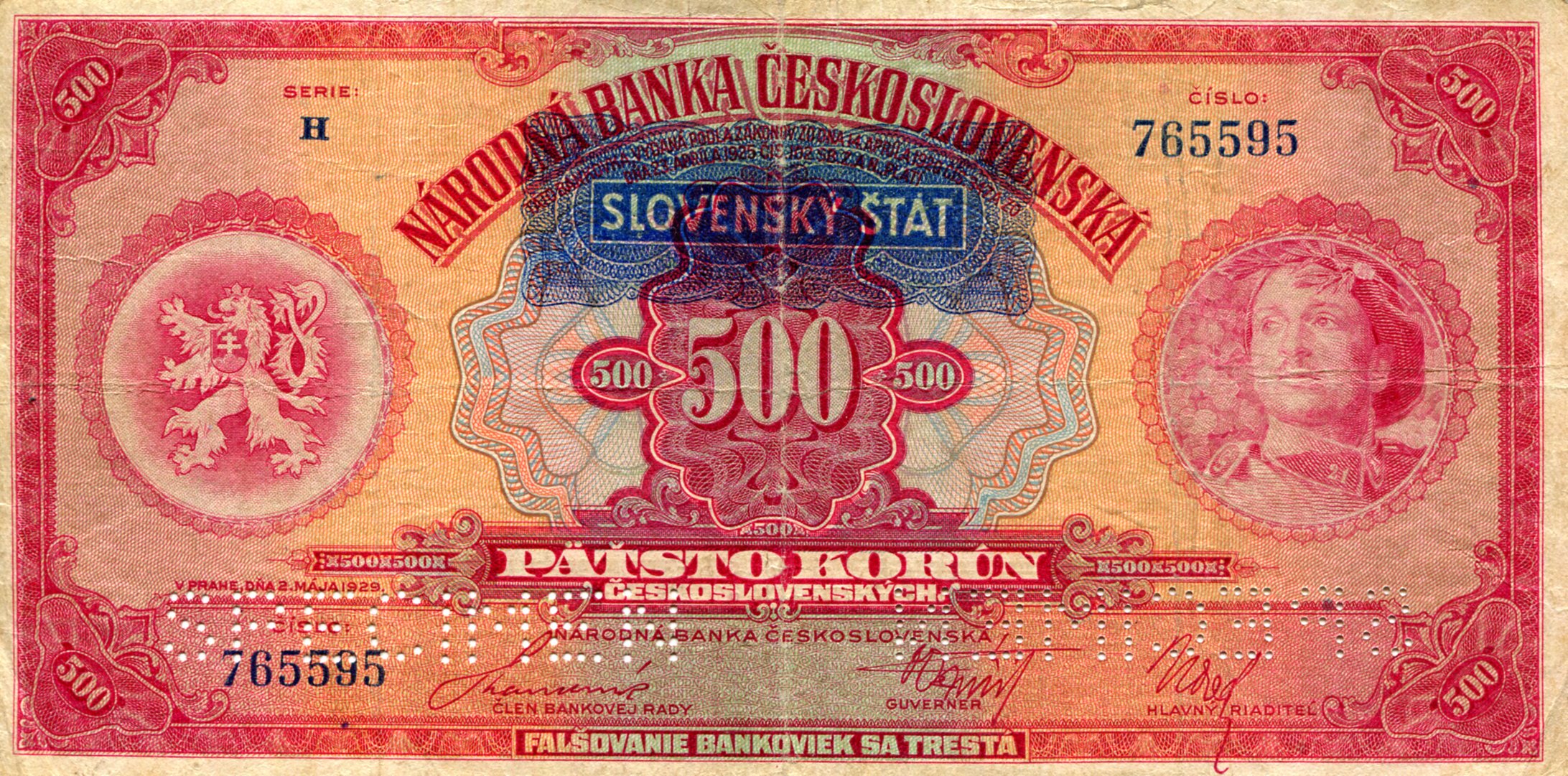 Czechoslovakia  500 Korun VG/G (see large scan) pick #: 24cs