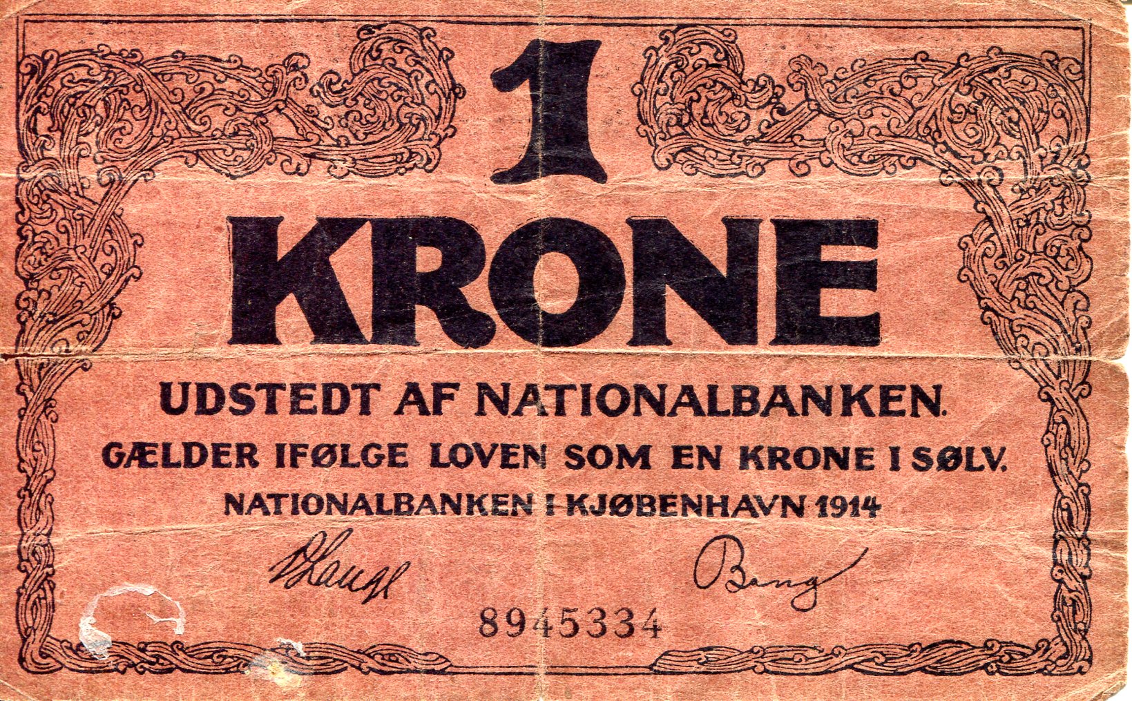 Denmark 1 Krone G (see scan) 3/4 inch tear in note pick #: 10b