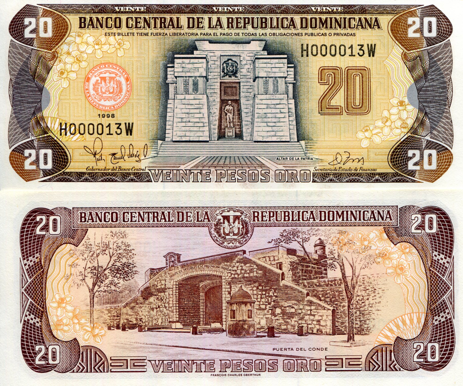 Dominican Republic 20 Pesos Oro UNC pick #: 154b
