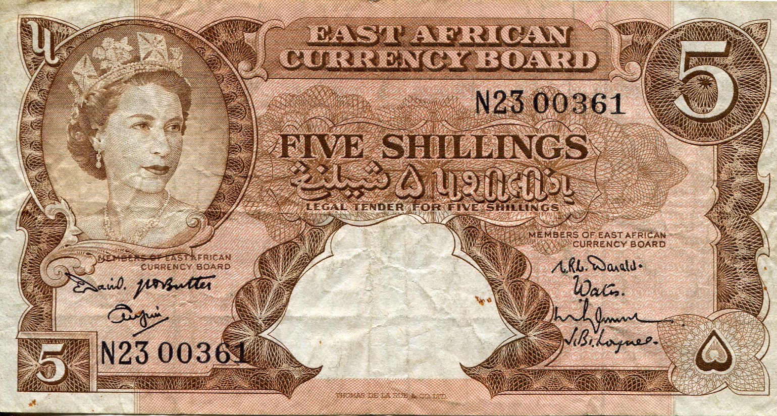 East Africa 5 Shillings F/VG (see large scan - center hole) pick #: 41b