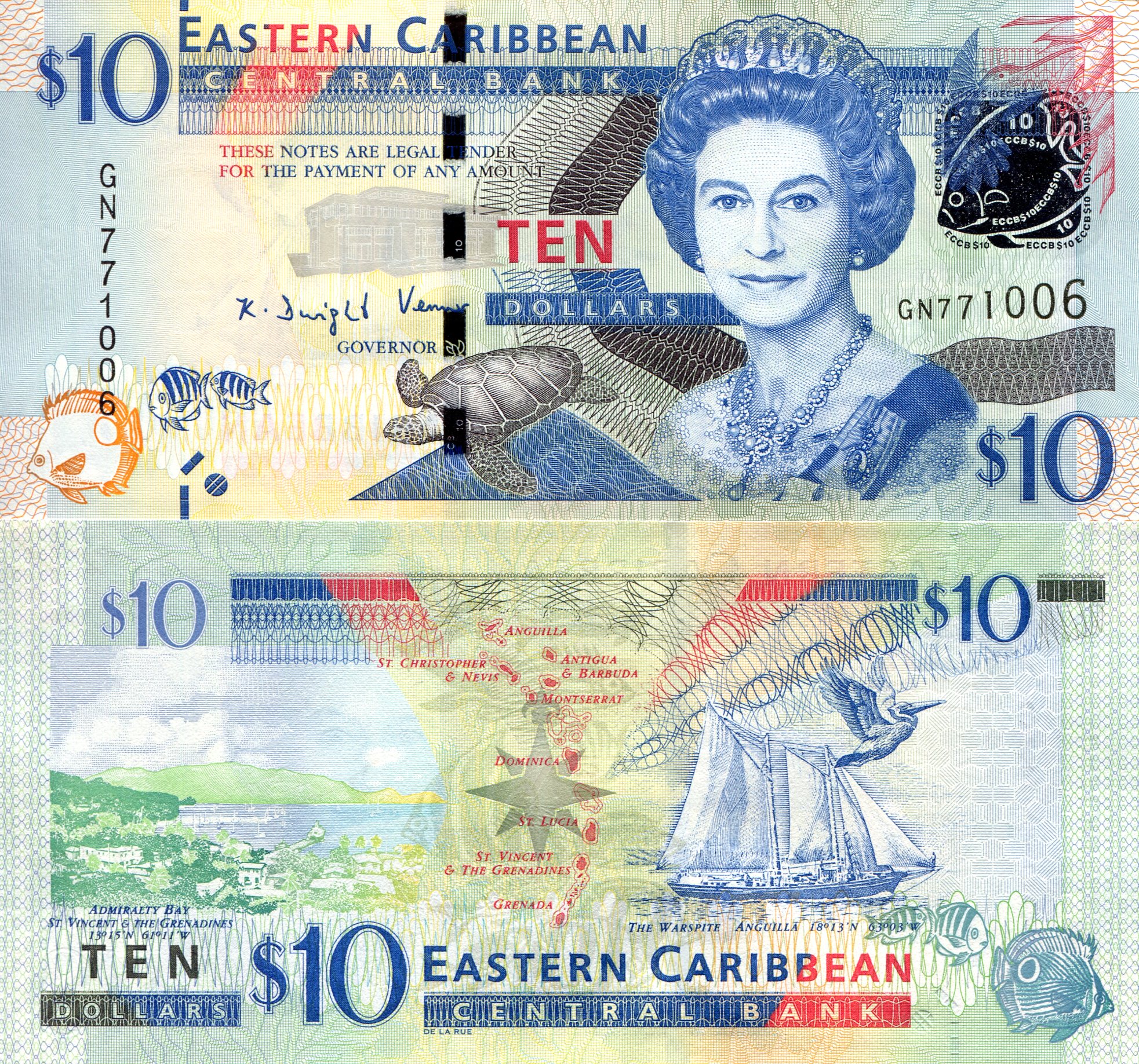 Eastern Caribbean States 10 Dollars UNC pick #: 52b