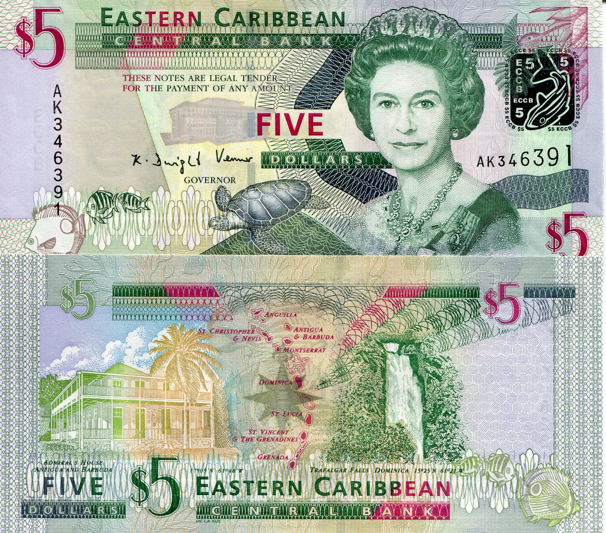 Eastern Caribbean States 5 Dollars UNC pick #: 47